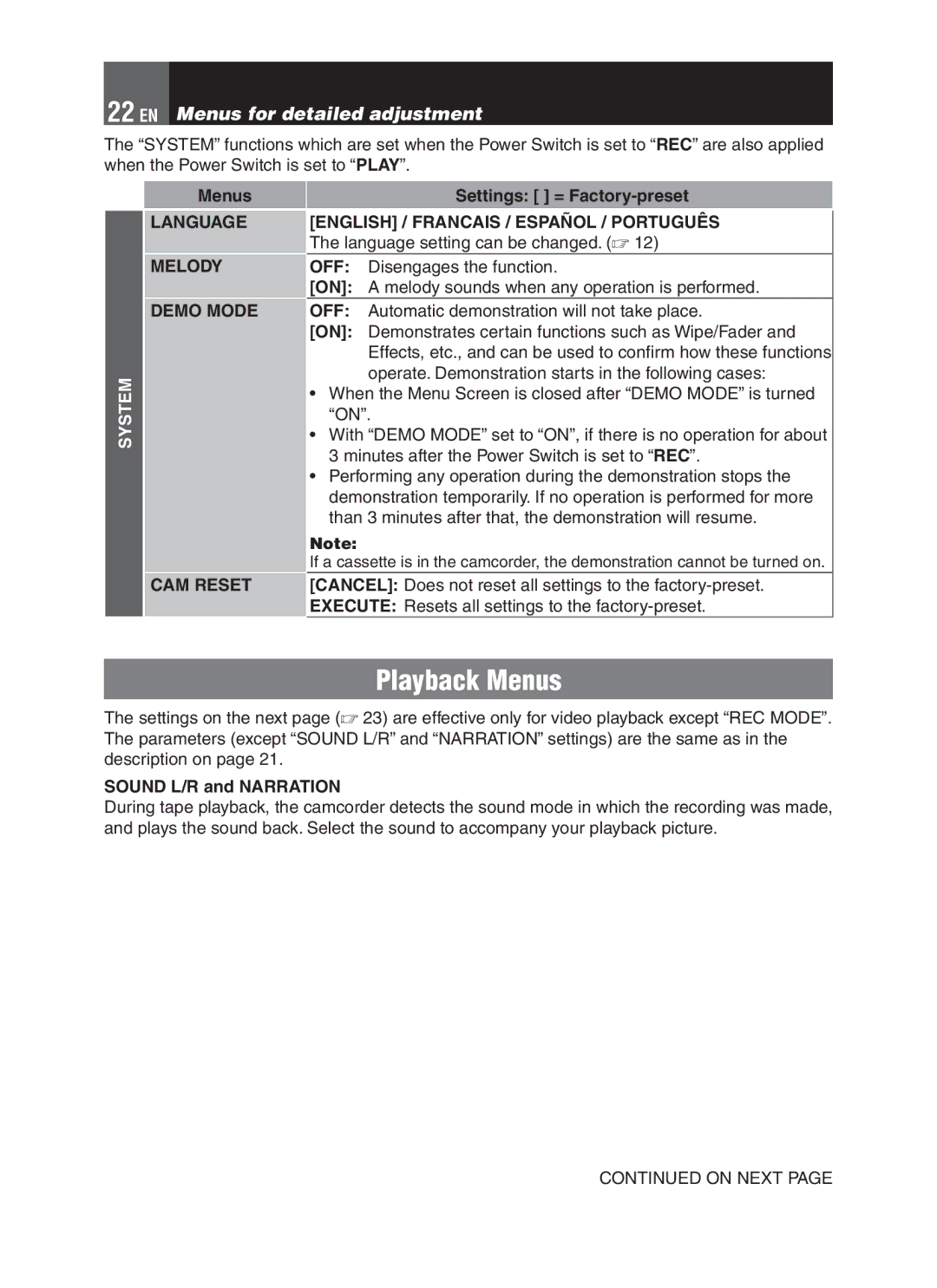 JVC LYT1776-001A manual Playback Menus, Language English / Francais / Español / Português, Melody, Demo Mode, CAM Reset 