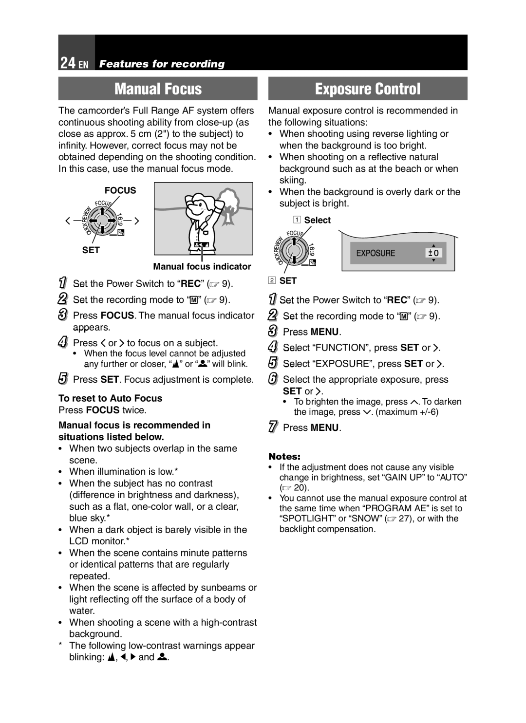 JVC LYT1776-001A manual Manual Focus, Exposure Control, To reset to Auto Focus 