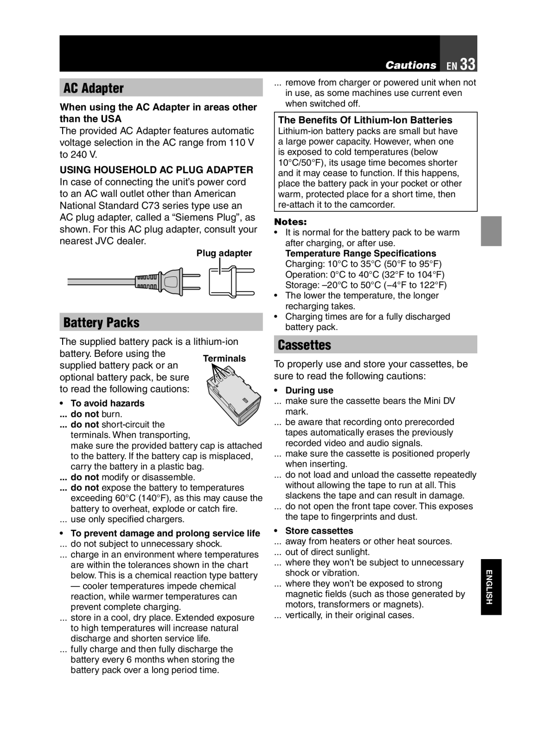 JVC LYT1776-001A manual AC Adapter, Battery Packs, Cassettes, Using Household AC Plug Adapter 