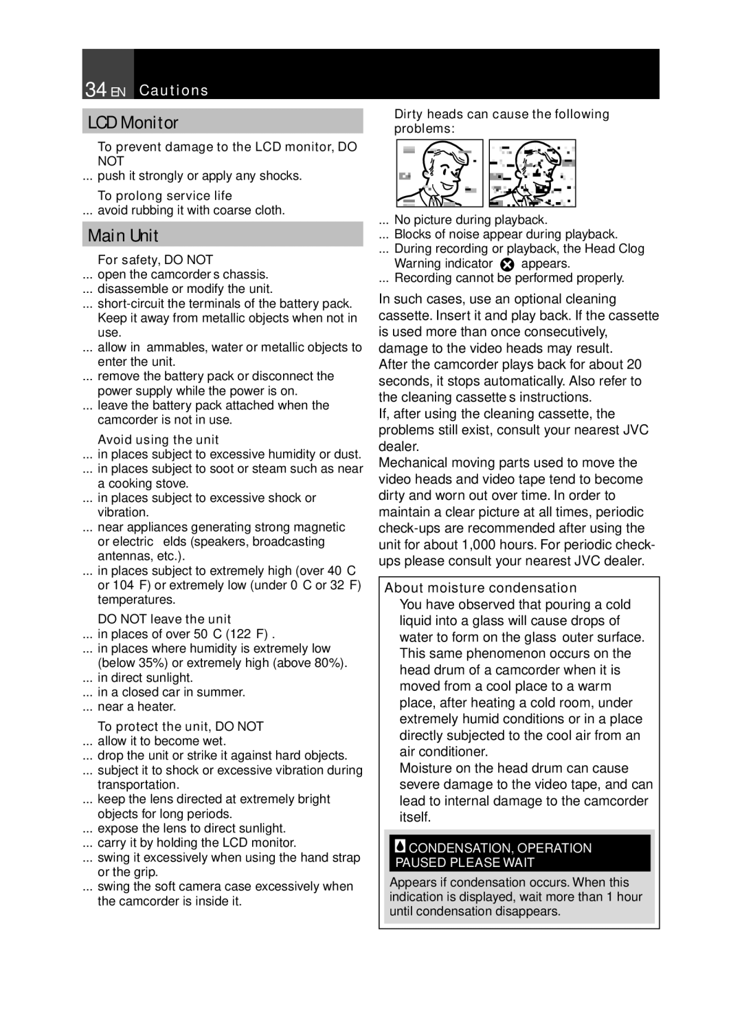 JVC LYT1776-001A manual LCD Monitor, Main Unit, About moisture condensation 