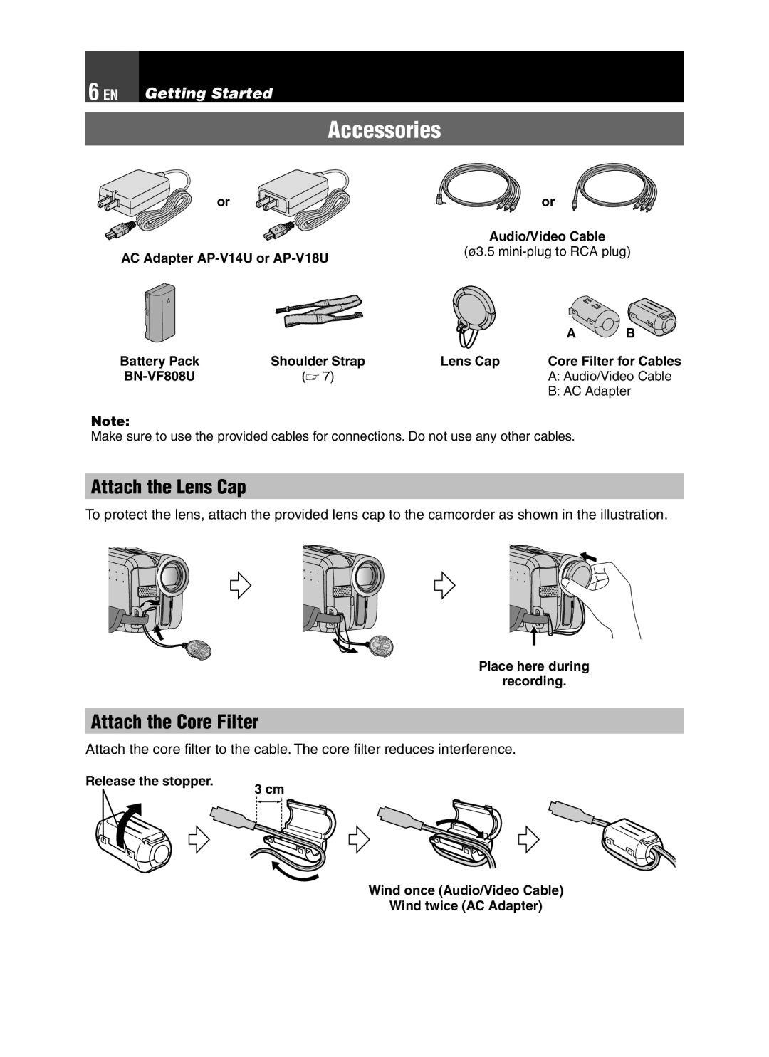 JVC LYT1776-001A manual Accessories, Attach the Lens Cap, Attach the Core Filter 