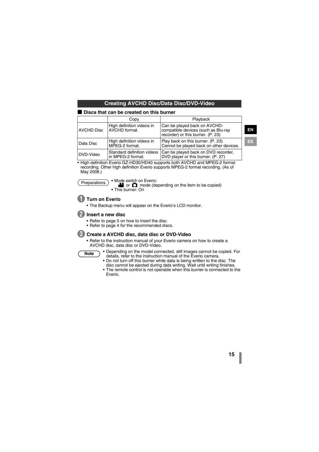 JVC LYT1942-001A manual Creating Avchd Disc/Data Disc/DVD-Video, Discs that can be created on this burner, Turn on Everio 