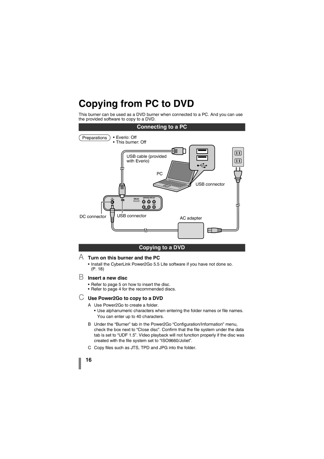 JVC LYT1942-001A manual Copying from PC to DVD, Connecting to a PC, Copying to a DVD, Turn on this burner and the PC 