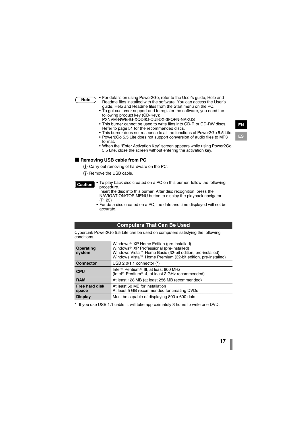 JVC LYT1942-001A manual Computers That Can Be Used, Removing USB cable from PC 