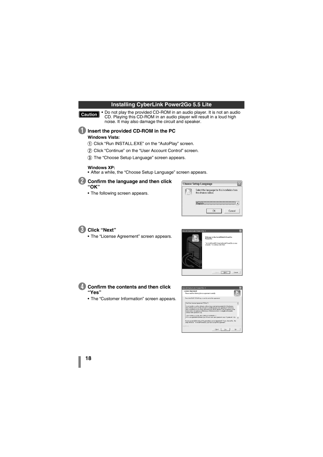 JVC LYT1942-001A manual Installing CyberLink Power2Go 5.5 Lite, Insert the provided CD-ROM in the PC, Click Next 