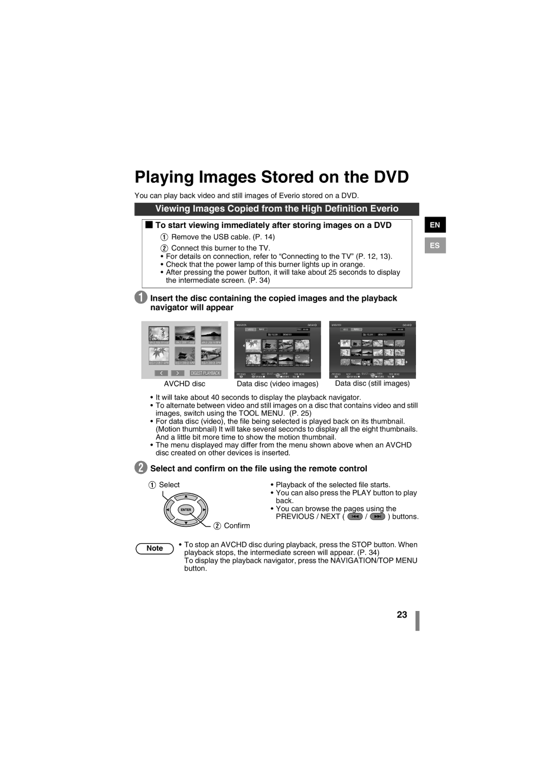 JVC LYT1942-001A Playing Images Stored on the DVD, Viewing Images Copied from the High Definition Everio, Previous / Next 