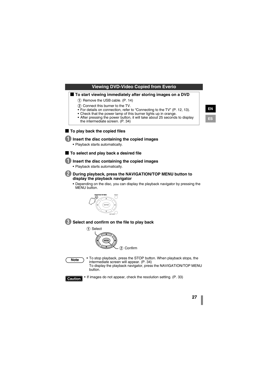 JVC LYT1942-001A manual Viewing DVD-Video Copied from Everio, Select and confirm on the file to play back 