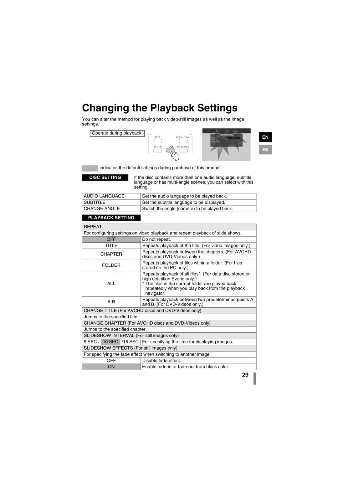 JVC LYT1942-001A manual Changing the Playback Settings 