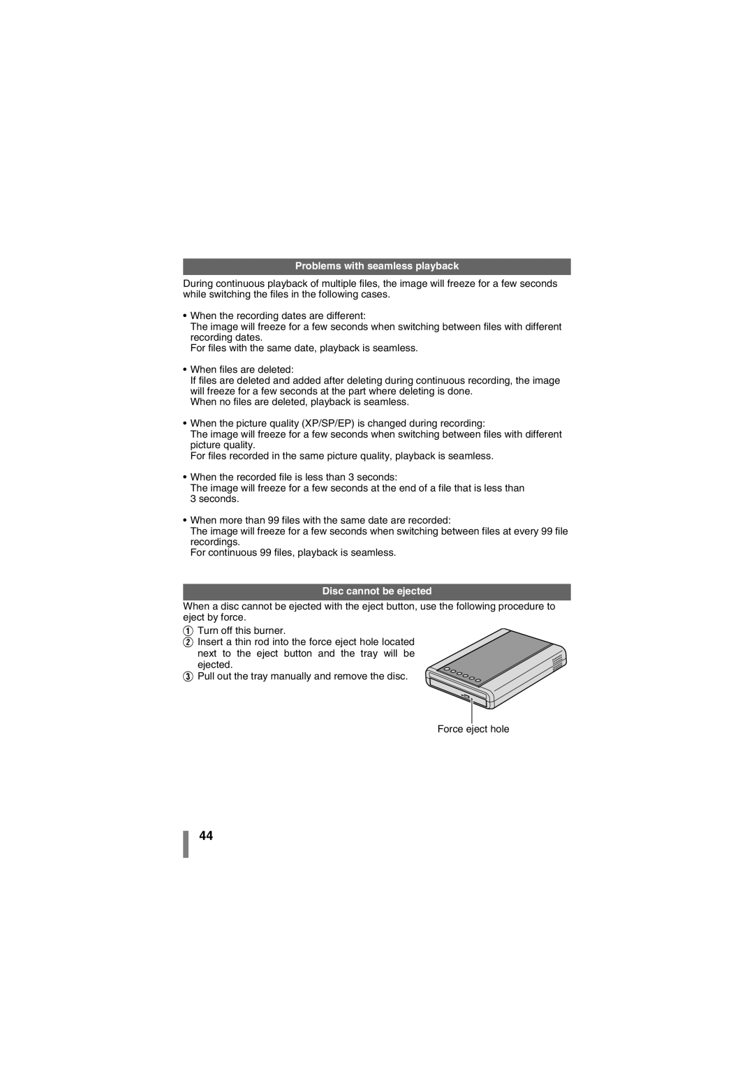 JVC LYT1942-001A manual Problems with seamless playback, Disc cannot be ejected 