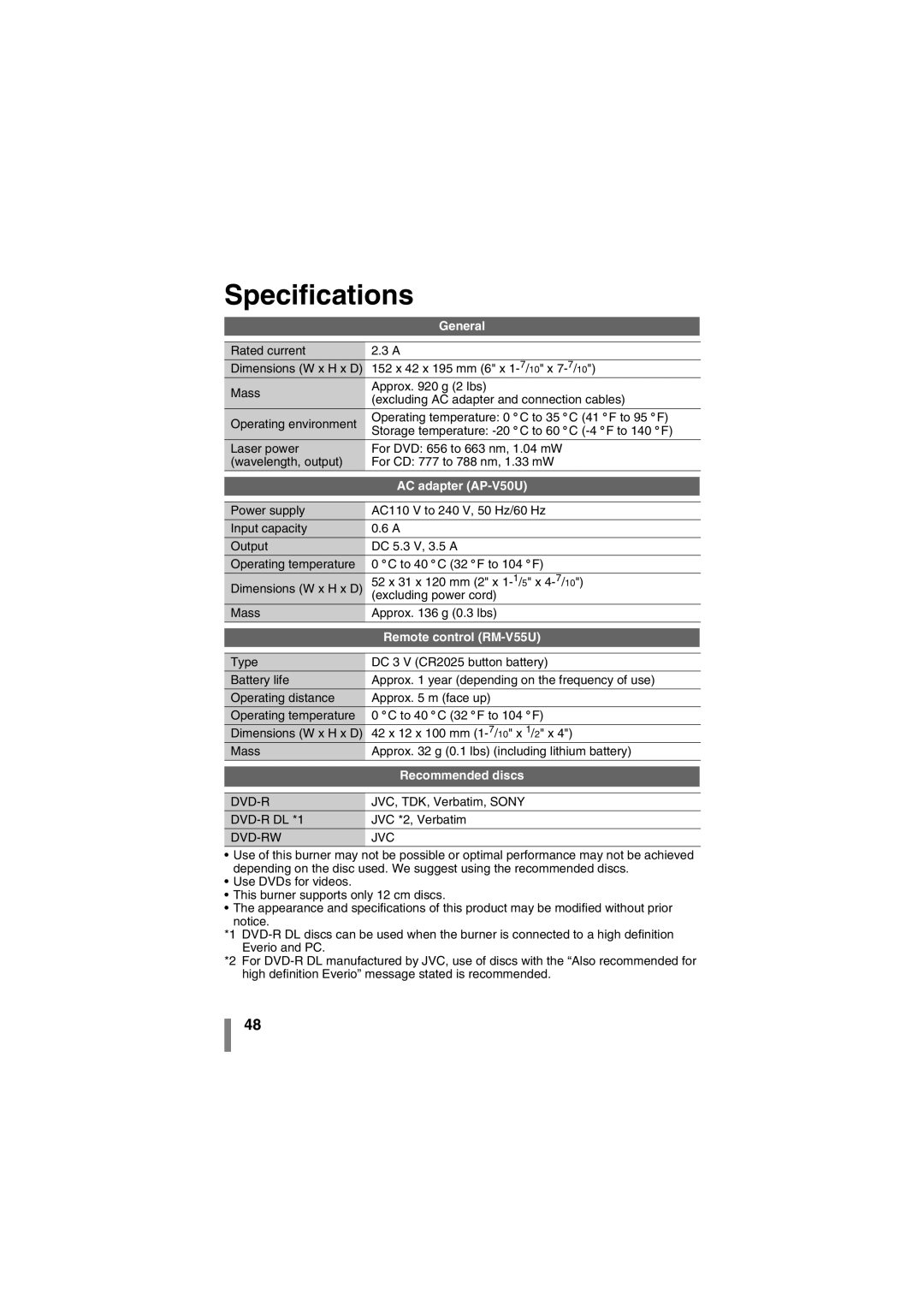 JVC LYT1942-001A manual Specifications, General, DVD-R DL *1, Dvd-Rw Jvc 