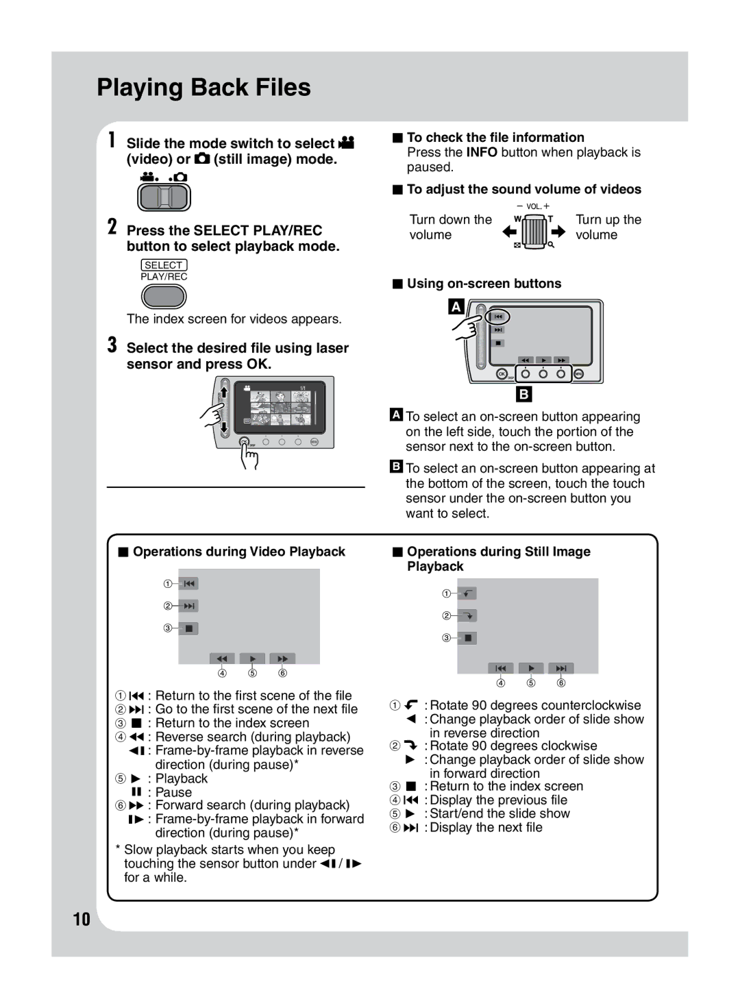 JVC LYT2046-001A-M manuel dutilisation Playing Back Files, Select the desired file using laser sensor and press OK 