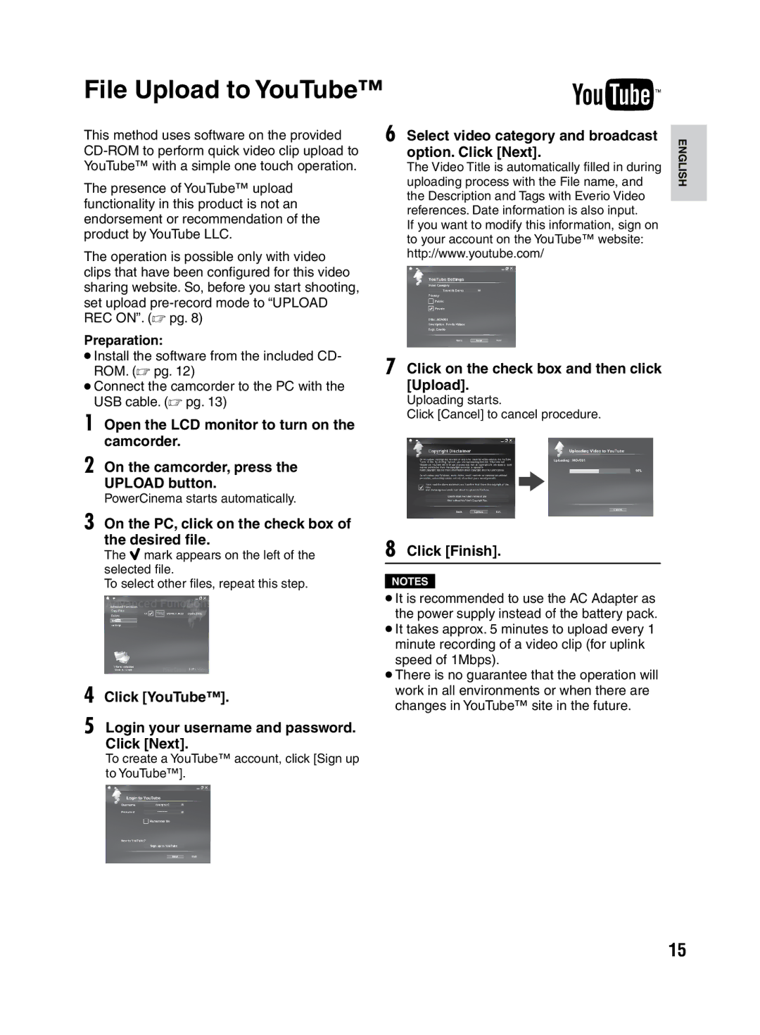 JVC LYT2046-001A-M manuel dutilisation File Upload to YouTube, On the PC, click on the check box of the desired file 