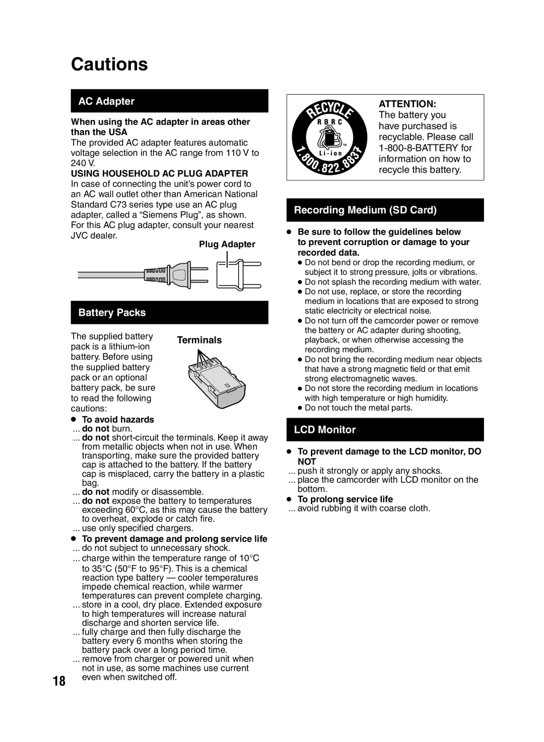 JVC LYT2046-001A-M manuel dutilisation AC Adapter, Battery Packs, Recording Medium SD Card, LCD Monitor 