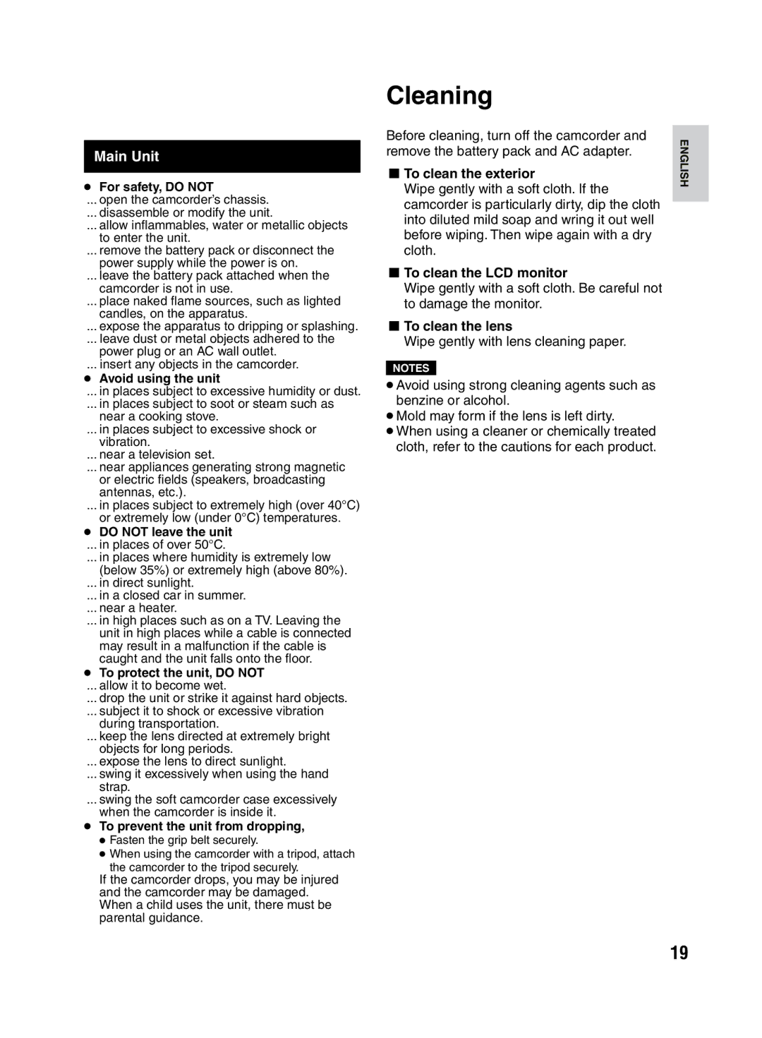 JVC LYT2046-001A-M Cleaning, Main Unit, To clean the exterior, To clean the LCD monitor, To clean the lens 