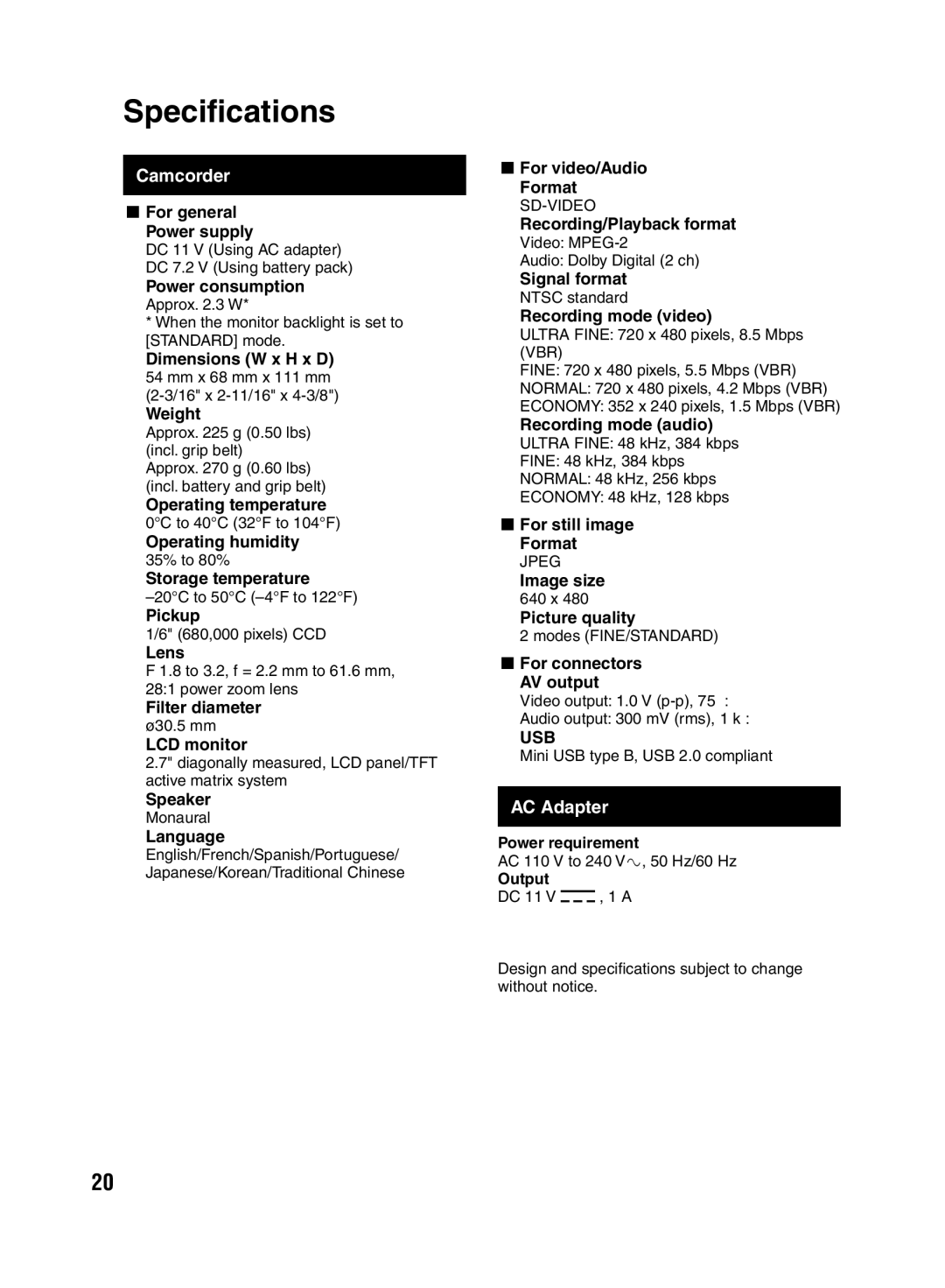 JVC LYT2046-001A-M manuel dutilisation Specifications, Camcorder 