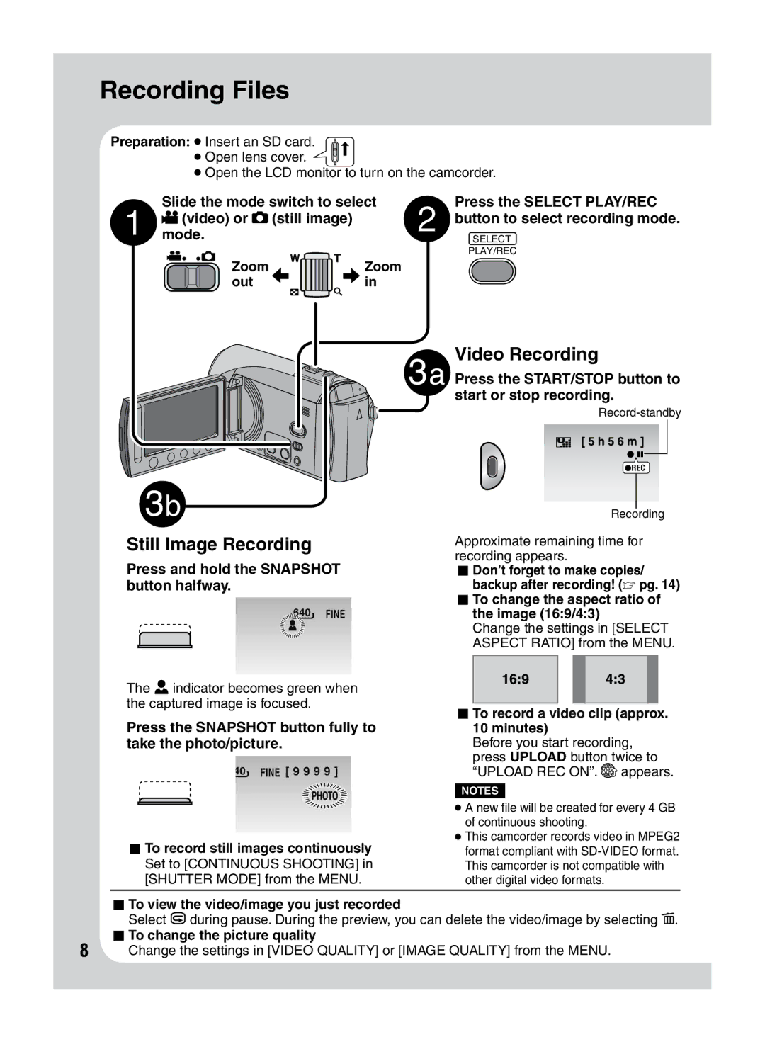 JVC LYT2046-001A-M manuel dutilisation Recording Files, Video Recording, Still Image Recording 