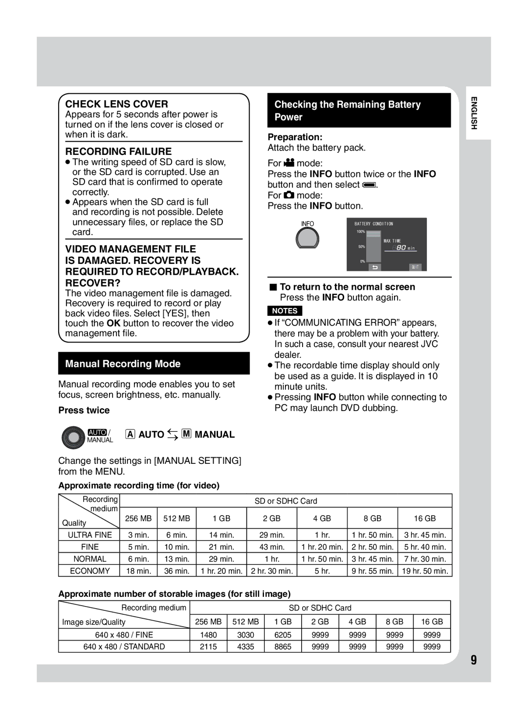 JVC LYT2046-001A-M manuel dutilisation Manual Recording Mode, Checking the Remaining Battery Power 