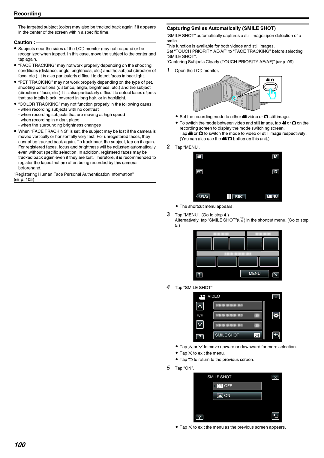 JVC LYT2473-002A manual 100, Capturing Smiles Automatically Smile Shot, Tap Smile Shot 