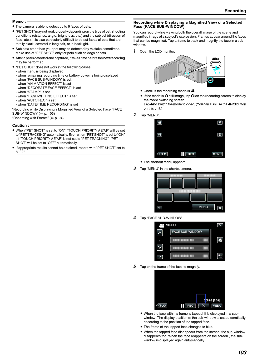 JVC LYT2473-002A manual 103, Tap Face SUB-WINDOW, Tap on the frame of the face to magnify 