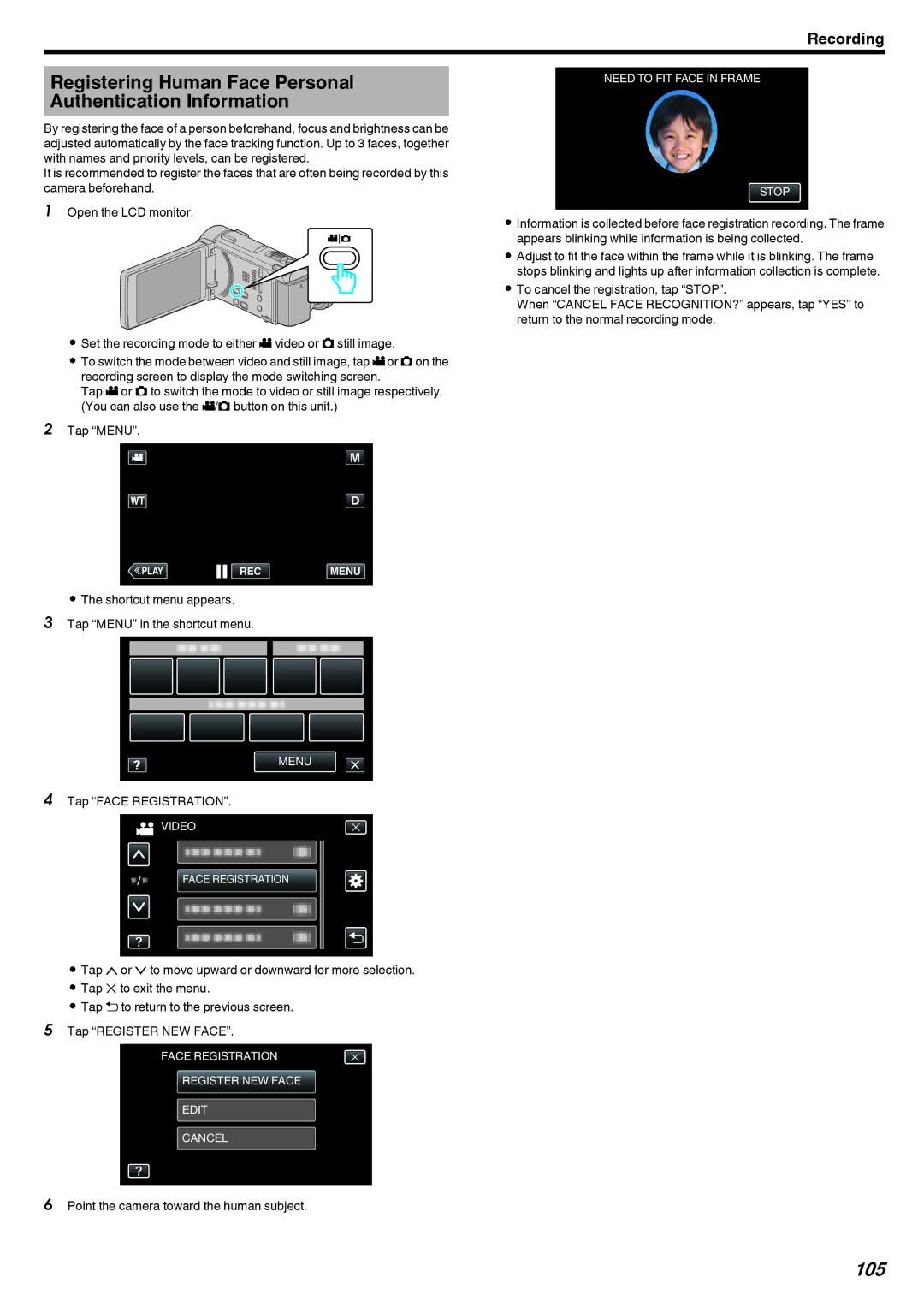 JVC LYT2473-002A manual Registering Human Face Personal Authentication Information, 105, Tap Face Registration 