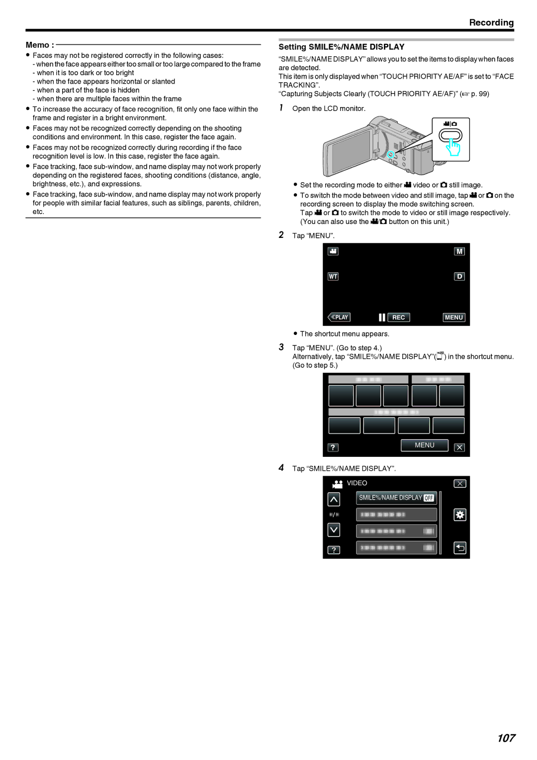 JVC LYT2473-002A manual 107, Setting SMILE%/NAME Display, Tap SMILE%/NAME Display 