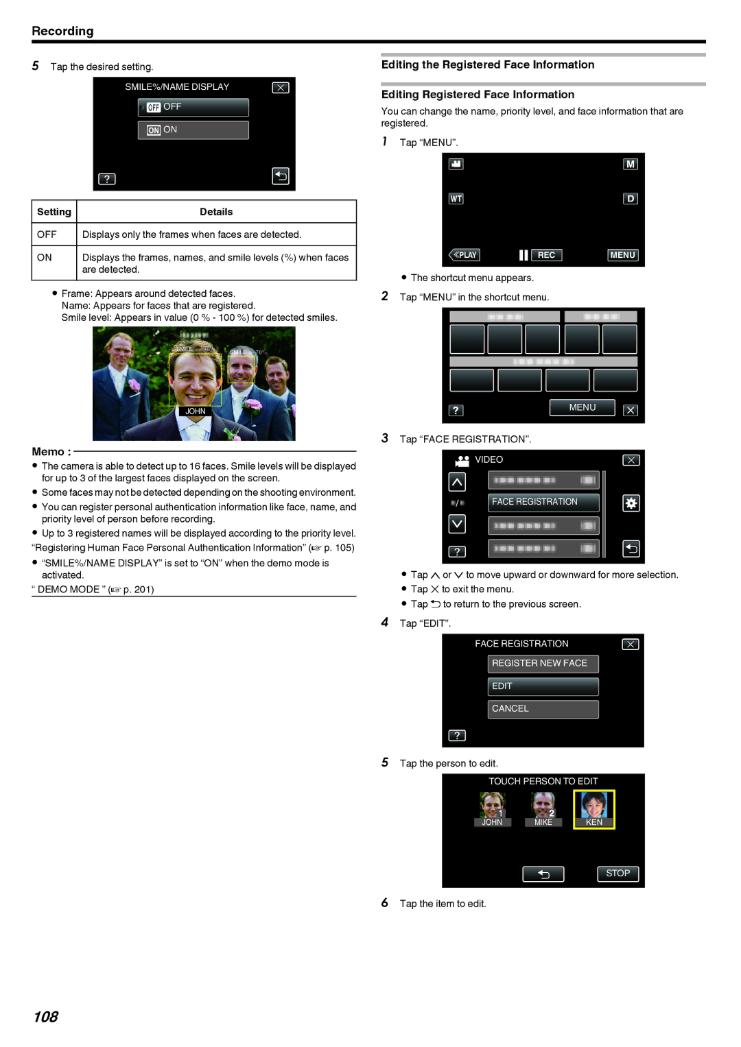 JVC LYT2473-002A manual 108, Displays only the frames when faces are detected, Are detected, Tap the person to edit 