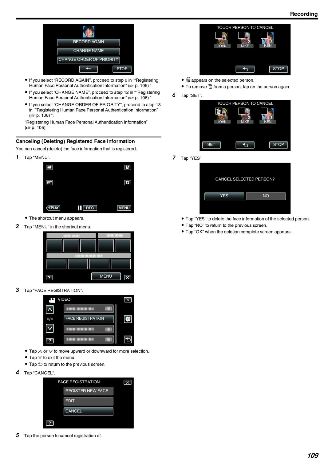 JVC LYT2473-002A manual 109, Canceling Deleting Registered Face Information, Tap the person to cancel registration, Tap YES 