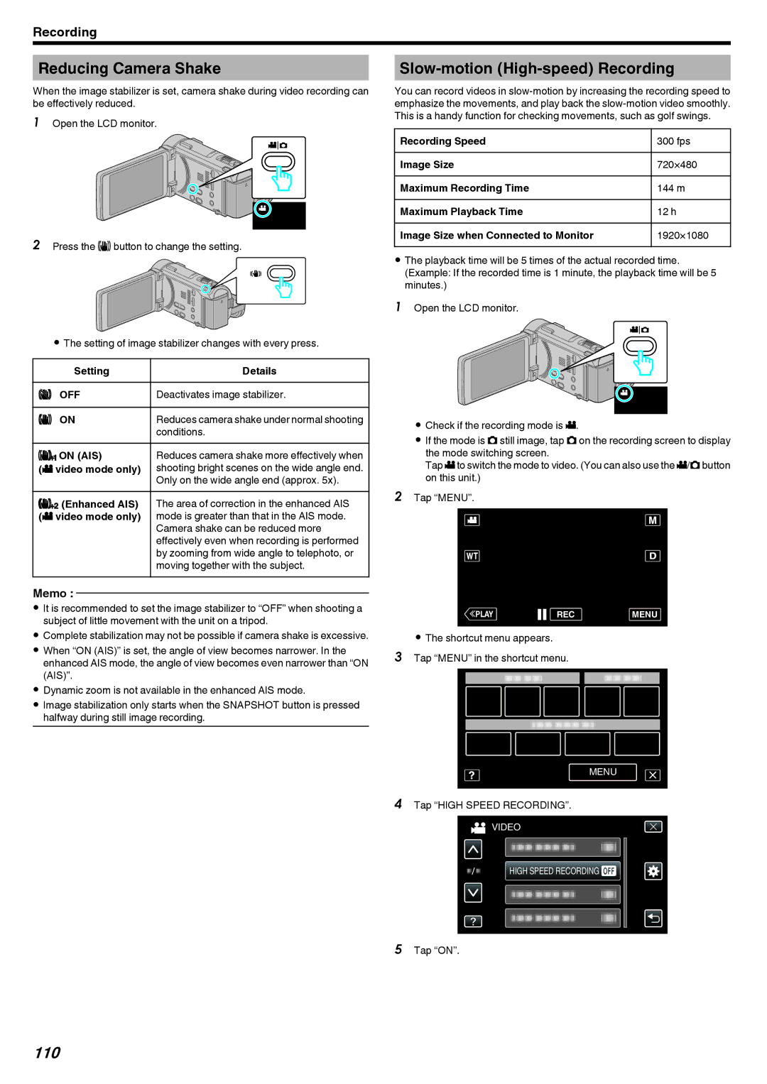 JVC LYT2473-002A manual Reducing Camera Shake, Slow-motion High-speed Recording, 110 