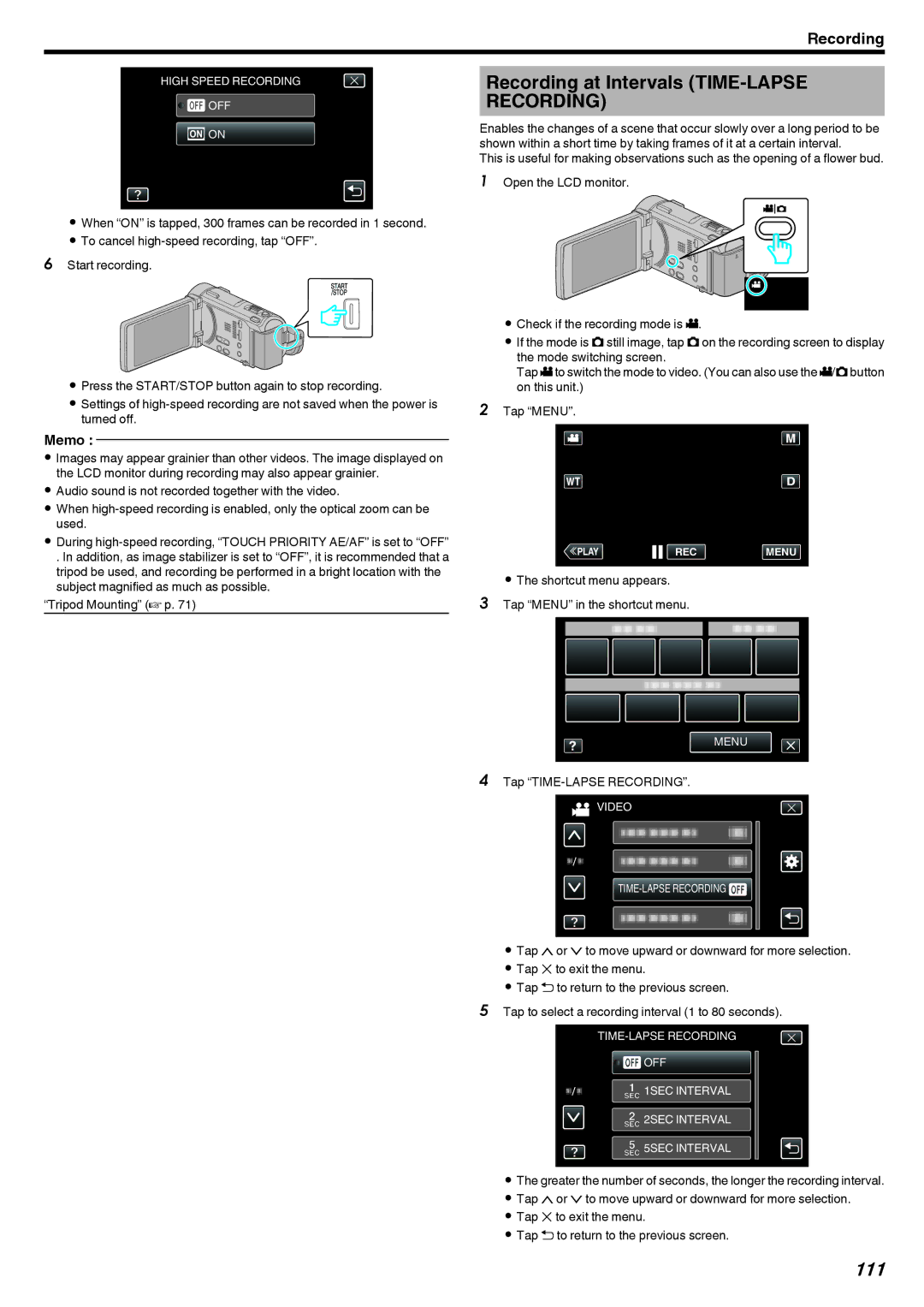 JVC LYT2473-002A manual Recording at Intervals TIME-LAPSE Recording, 111, Tap TIME-LAPSE Recording 