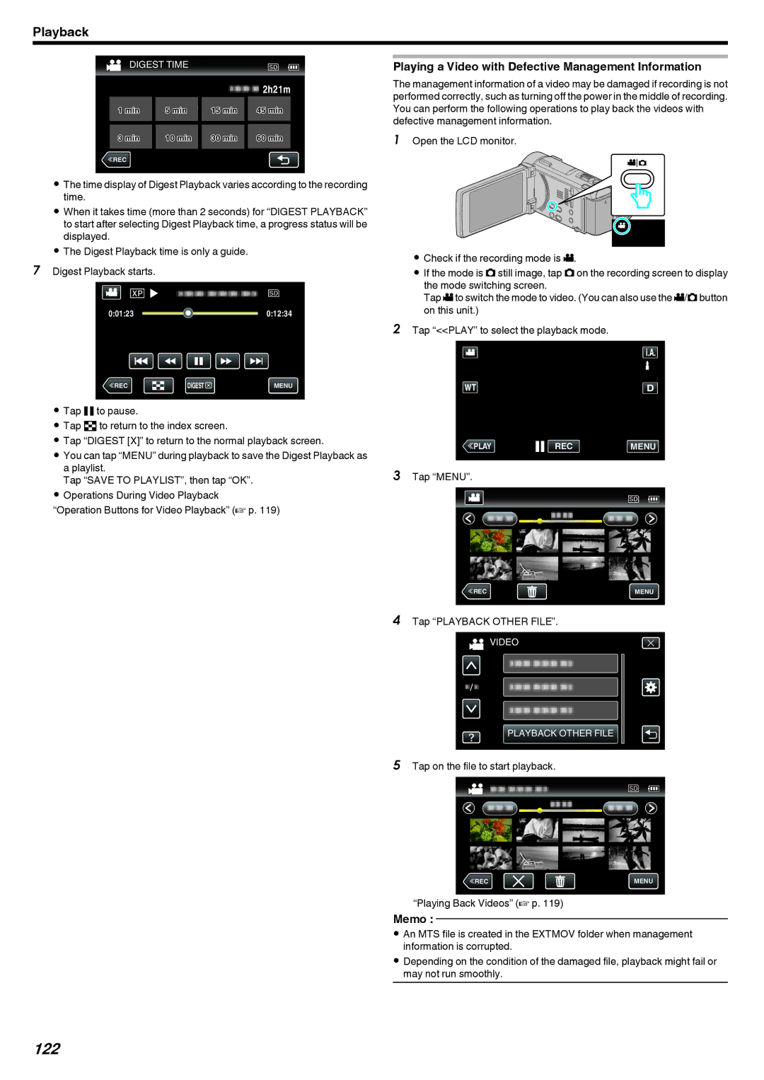 JVC LYT2473-002A manual 122, Playing a Video with Defective Management Information, Tap Playback Other File 