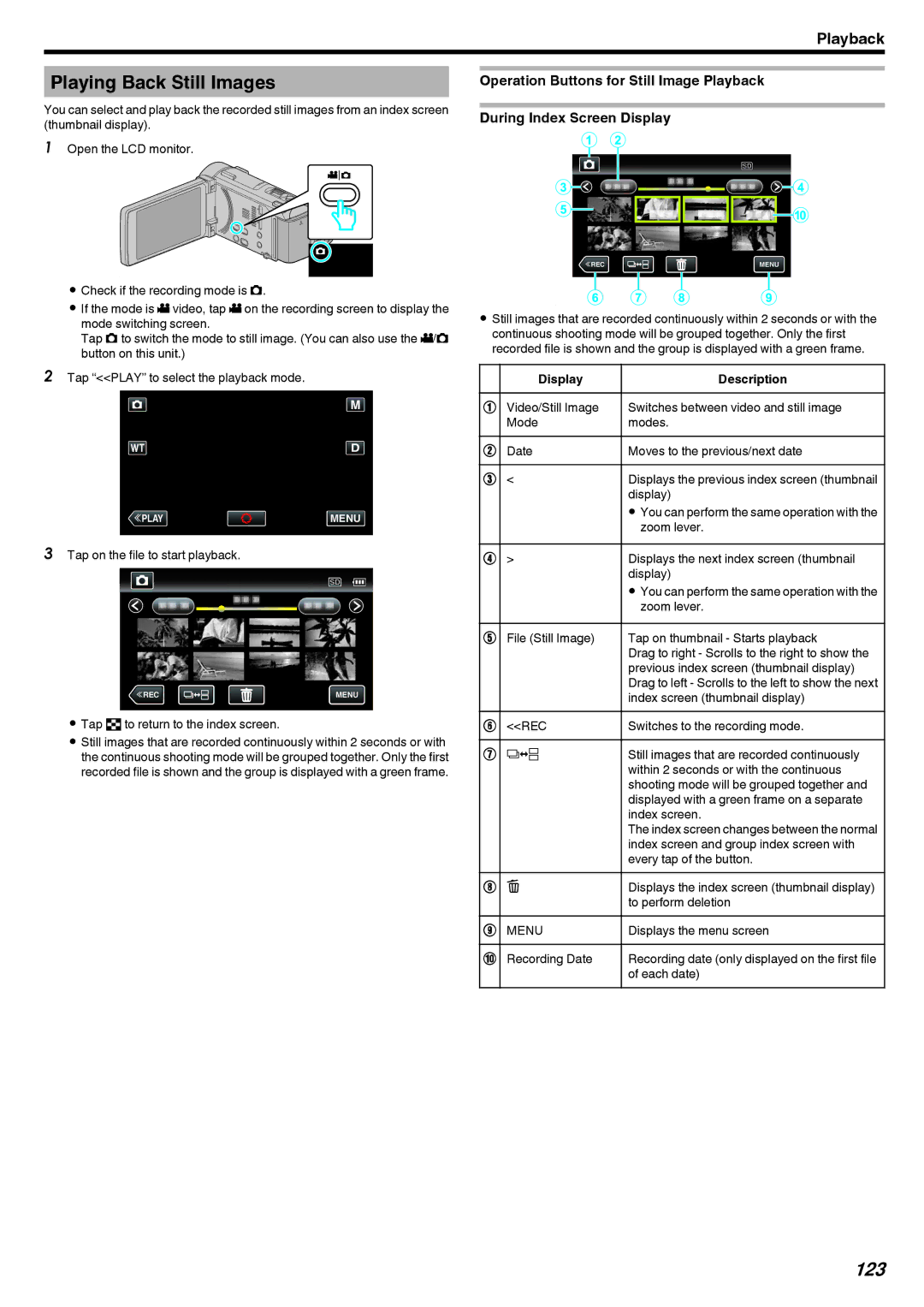 JVC LYT2473-002A manual Playing Back Still Images, 123 