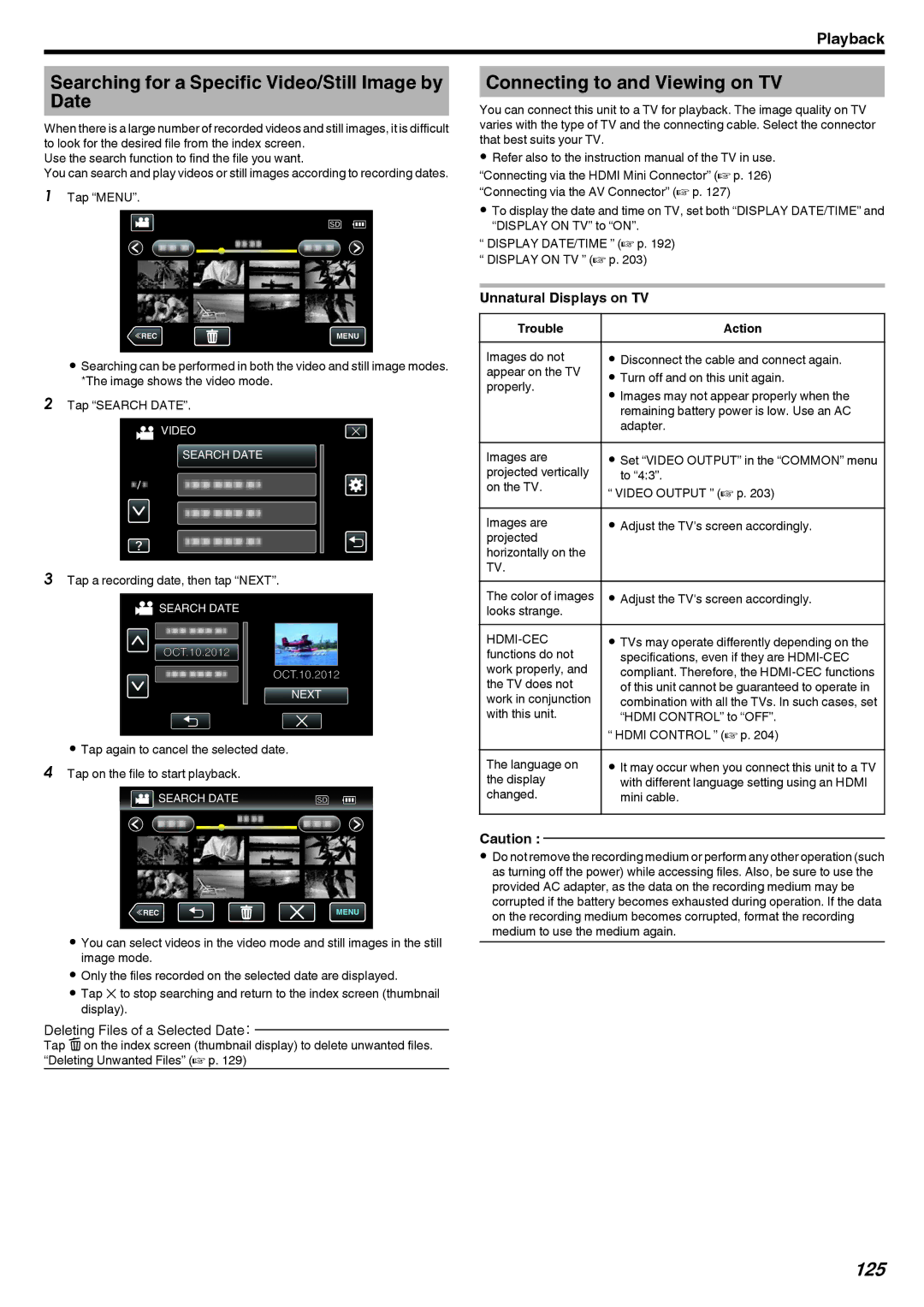 JVC LYT2473-002A manual Searching for a Specific Video/Still Image by Date, Connecting to and Viewing on TV, 125, Hdmi-Cec 