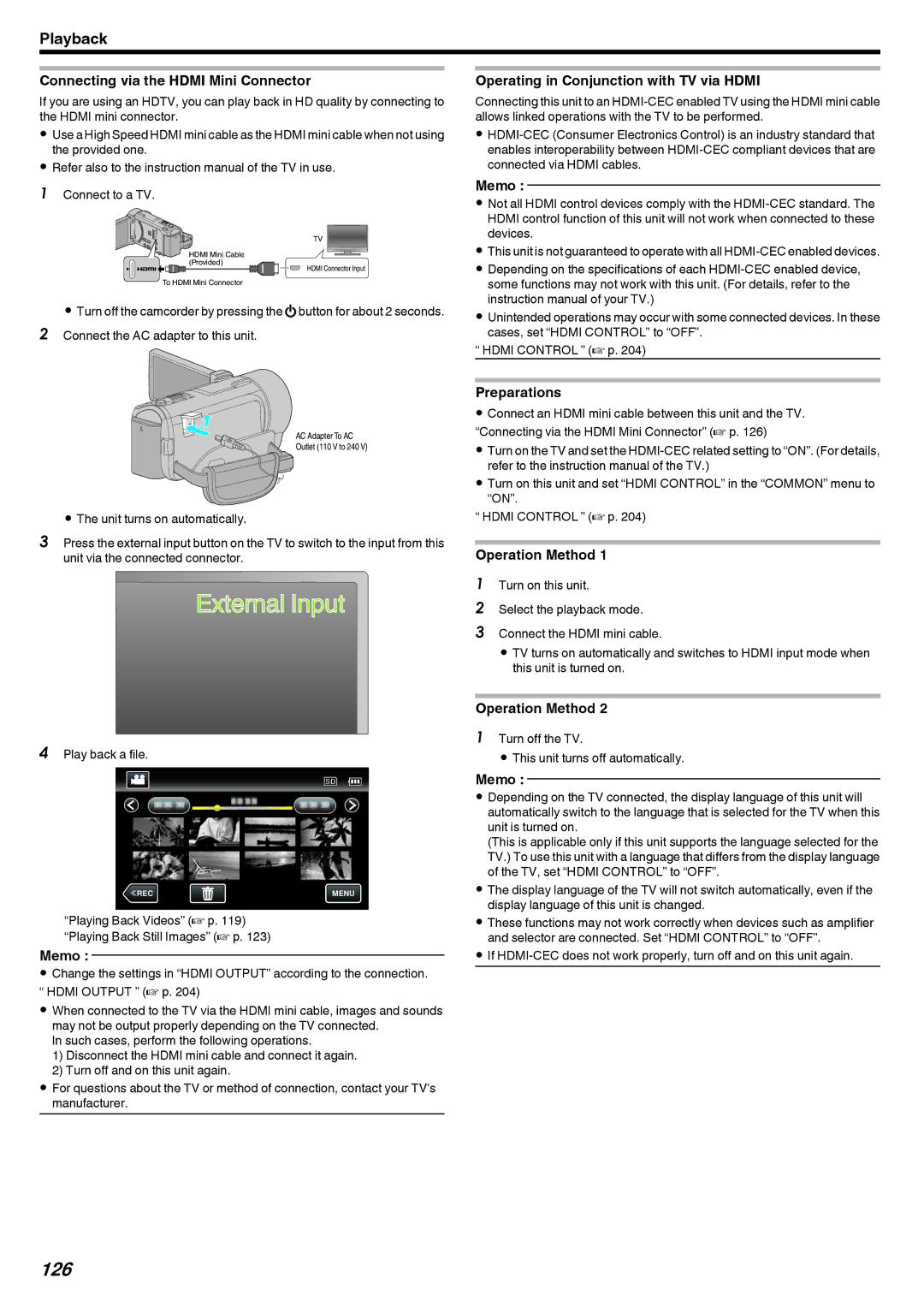 JVC LYT2473-002A 126, Connecting via the Hdmi Mini Connector, Operating in Conjunction with TV via Hdmi, Preparations 