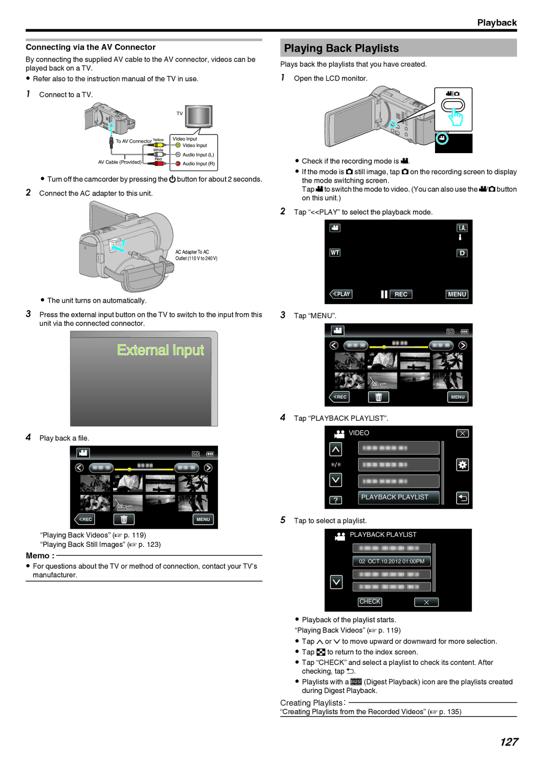 JVC LYT2473-002A manual Playing Back Playlists, 127, Connecting via the AV Connector 