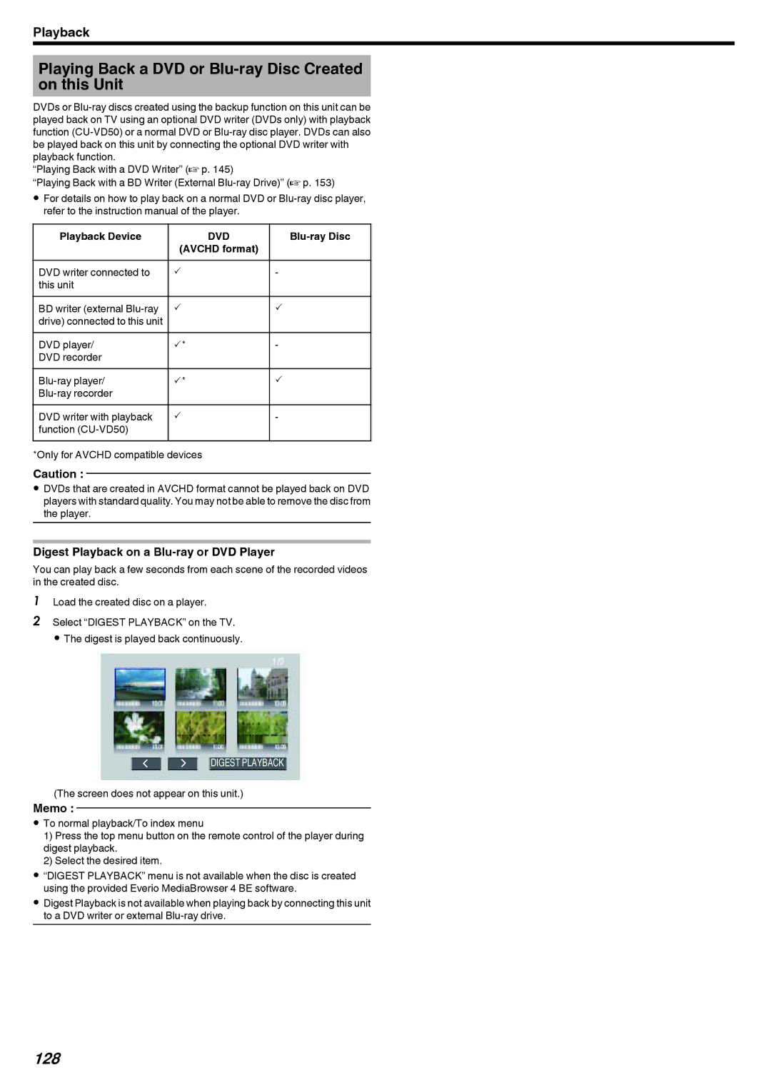 JVC LYT2473-002A Playing Back a DVD or Blu-ray Disc Created on this Unit, 128, Digest Playback on a Blu-ray or DVD Player 
