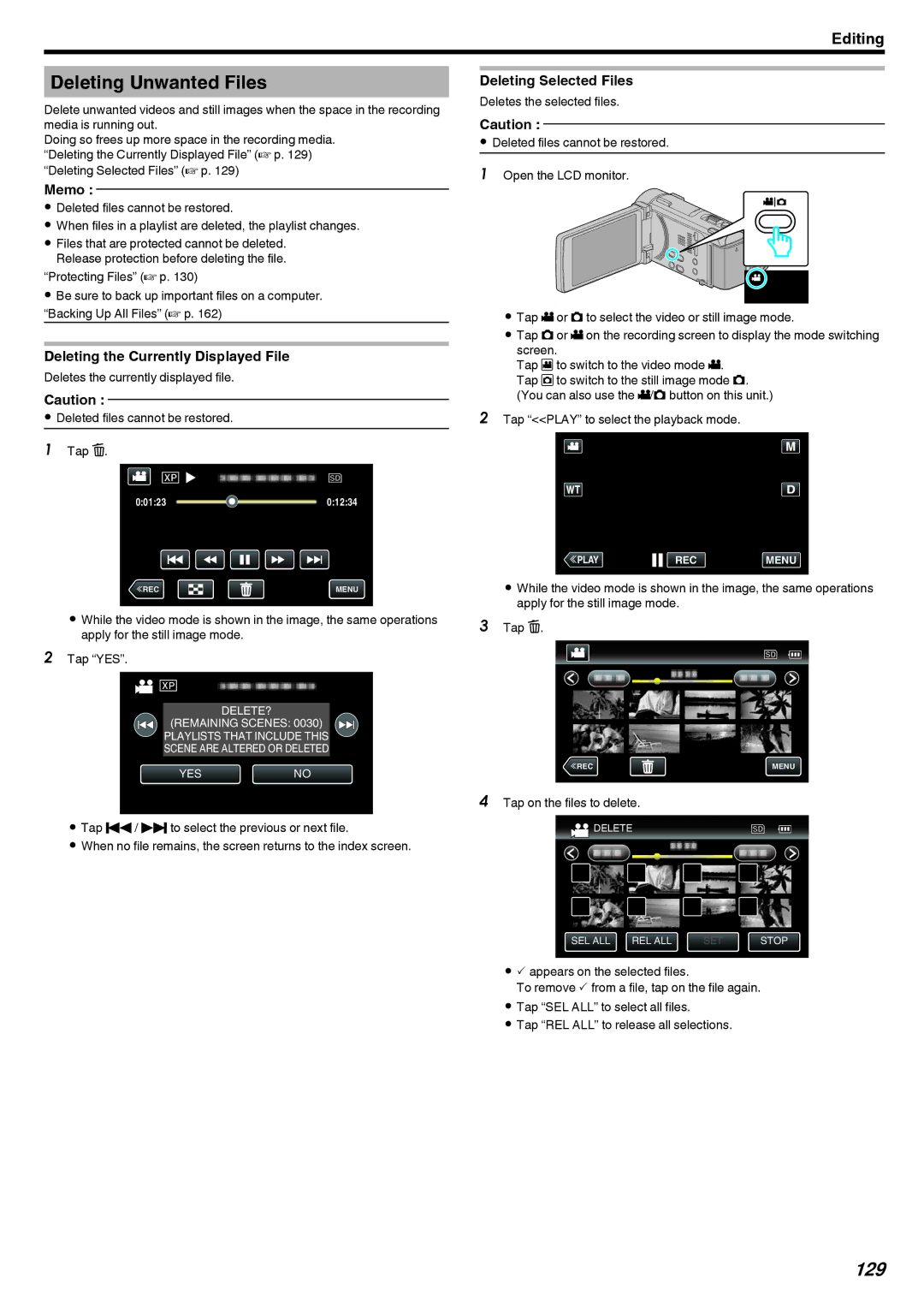 JVC LYT2473-002A manual Deleting Unwanted Files, 129, Deleting the Currently Displayed File, Deleting Selected Files 