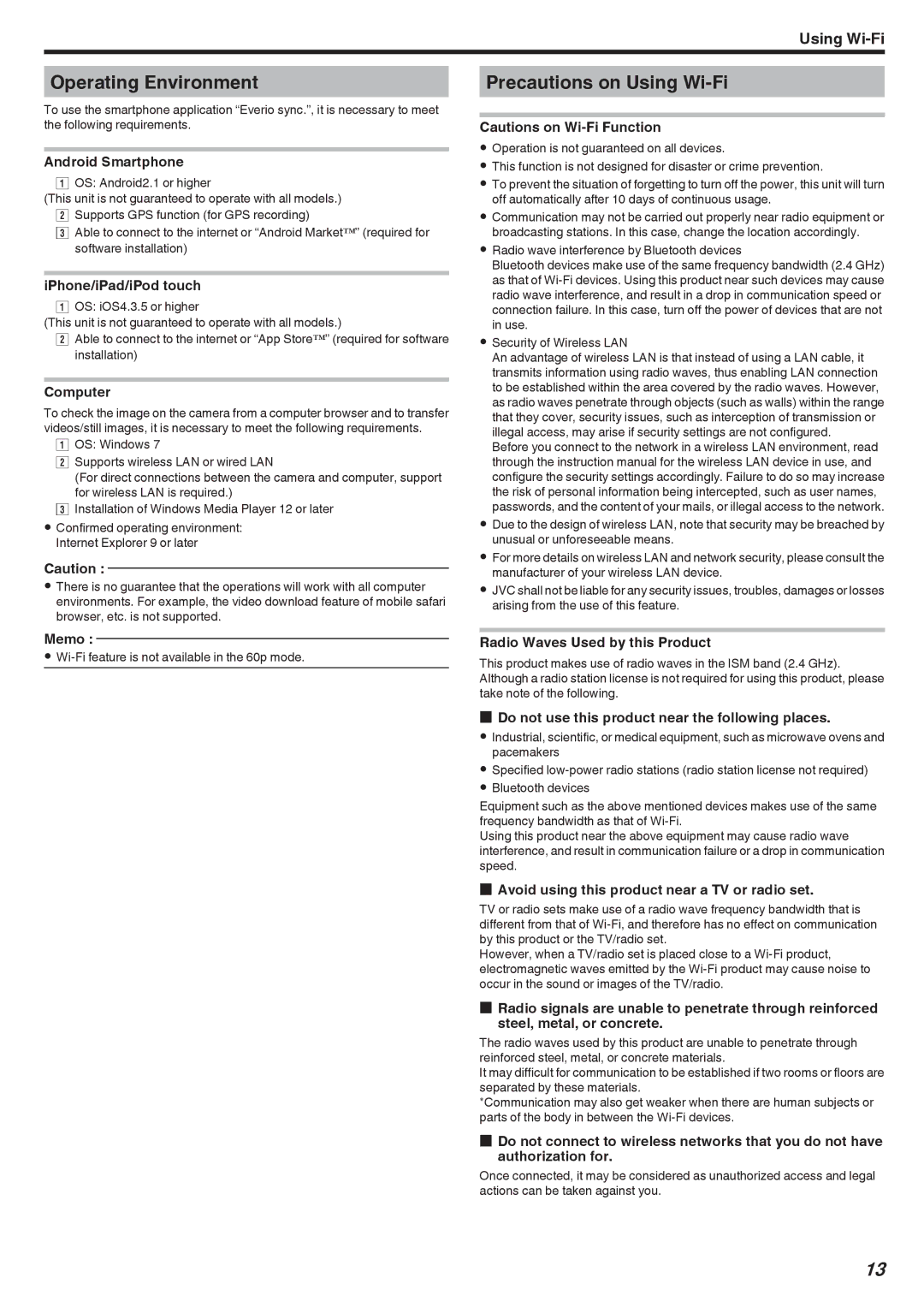 JVC LYT2473-002A manual Operating Environment, Precautions on Using Wi-Fi 