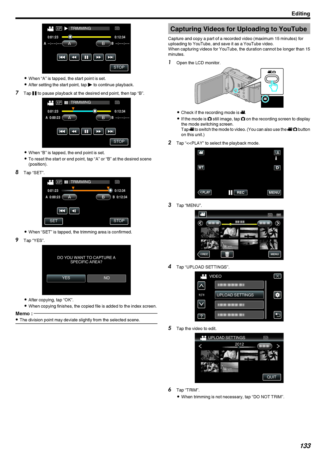 JVC LYT2473-002A manual Capturing Videos for Uploading to YouTube, 133 