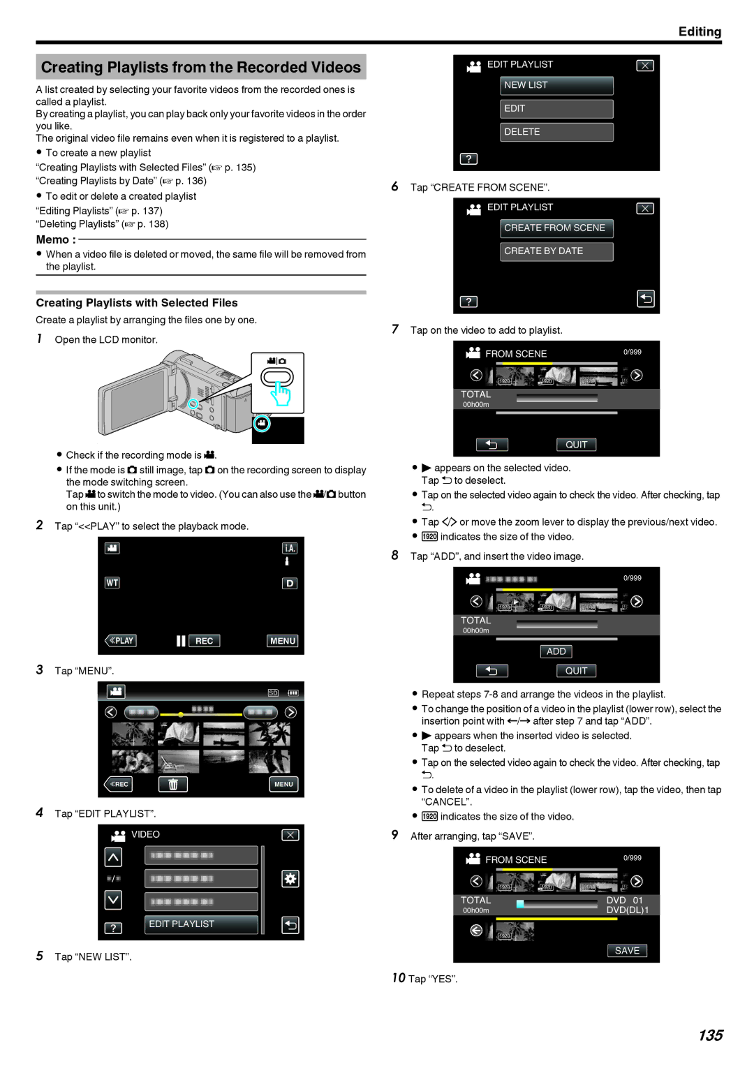 JVC LYT2473-002A manual Creating Playlists from the Recorded Videos, 135, Creating Playlists with Selected Files 