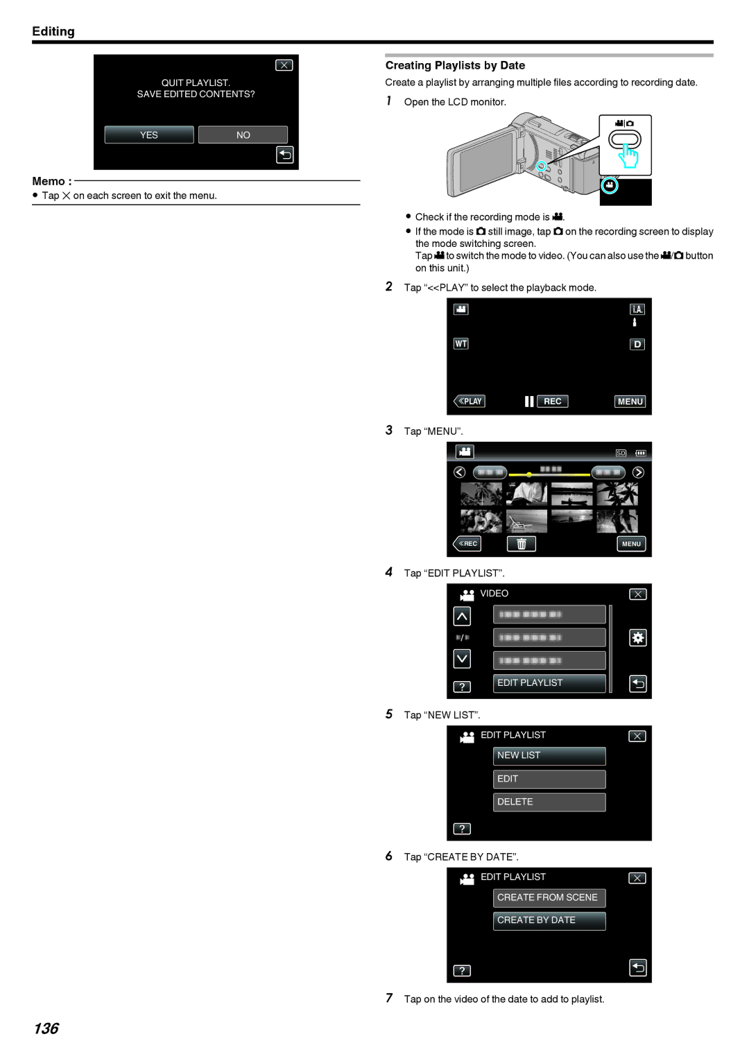 JVC LYT2473-002A manual 136, Creating Playlists by Date, Tap L on each screen to exit the menu, Tap Create by Date 