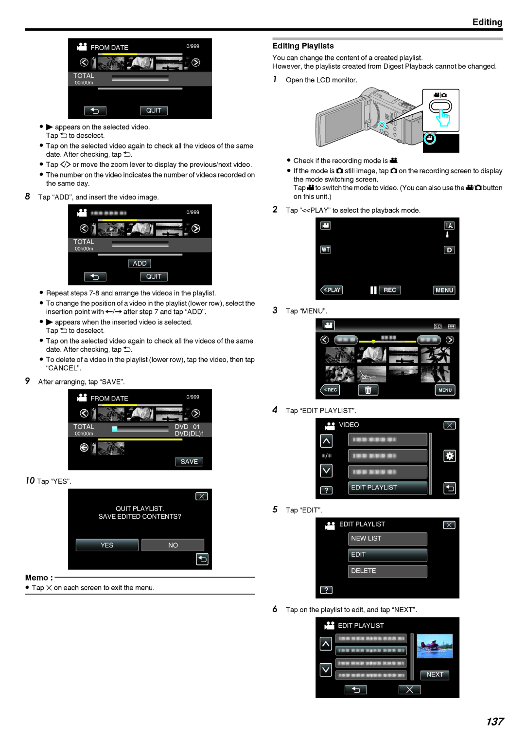 JVC LYT2473-002A manual 137, Editing Playlists, Tap on the playlist to edit, and tap Next 