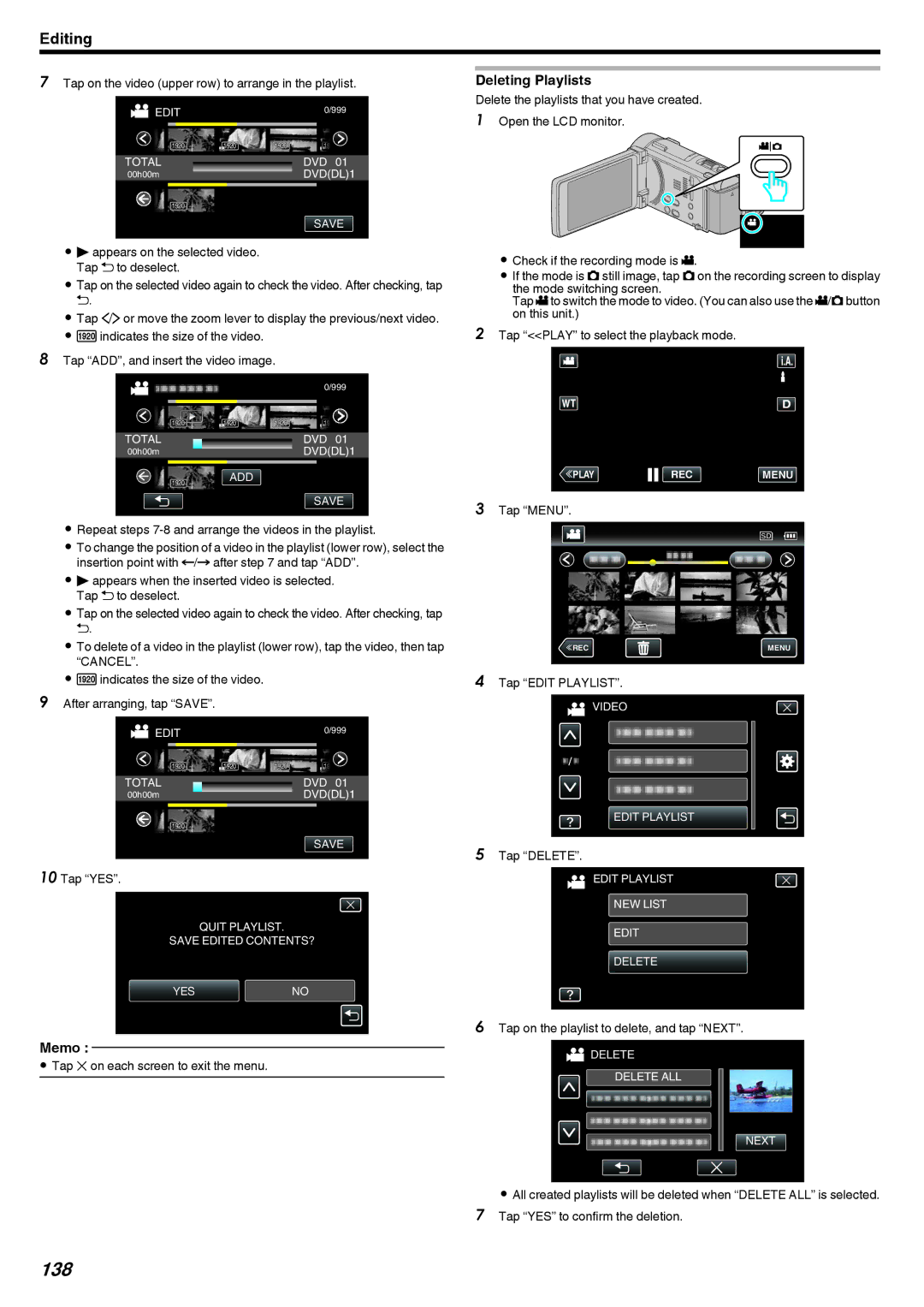 JVC LYT2473-002A manual 138, Deleting Playlists, Tap on the video upper row to arrange in the playlist, Tap Delete 