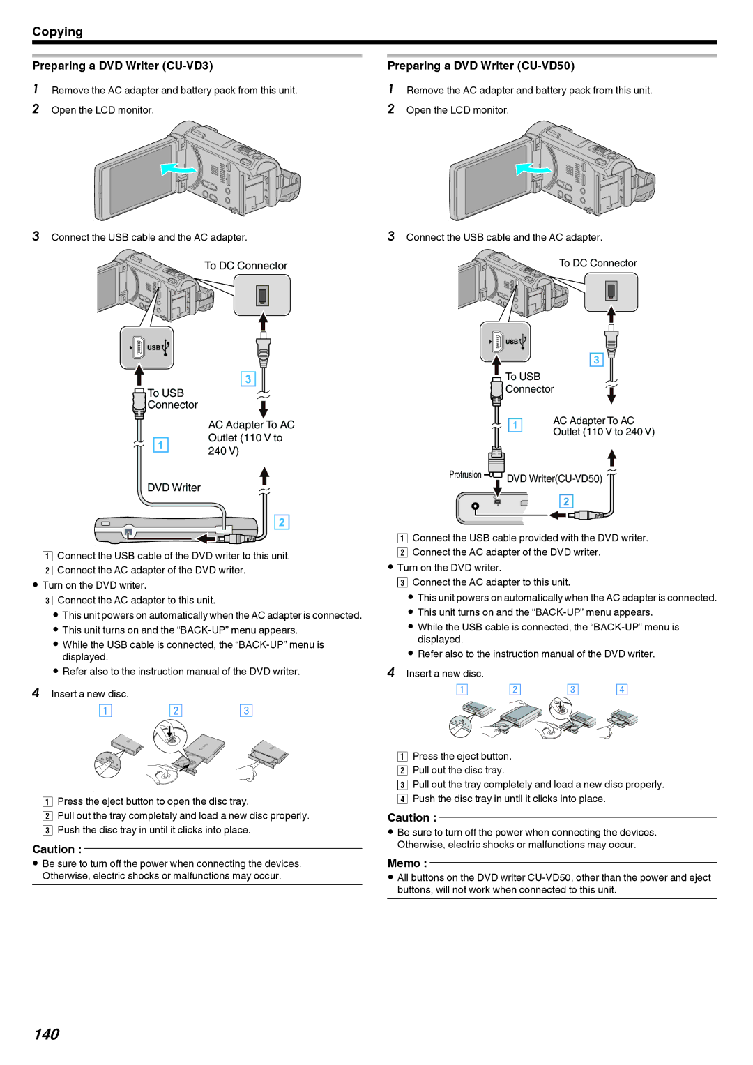 JVC LYT2473-002A manual 140, Preparing a DVD Writer CU-VD3 Preparing a DVD Writer CU-VD50 