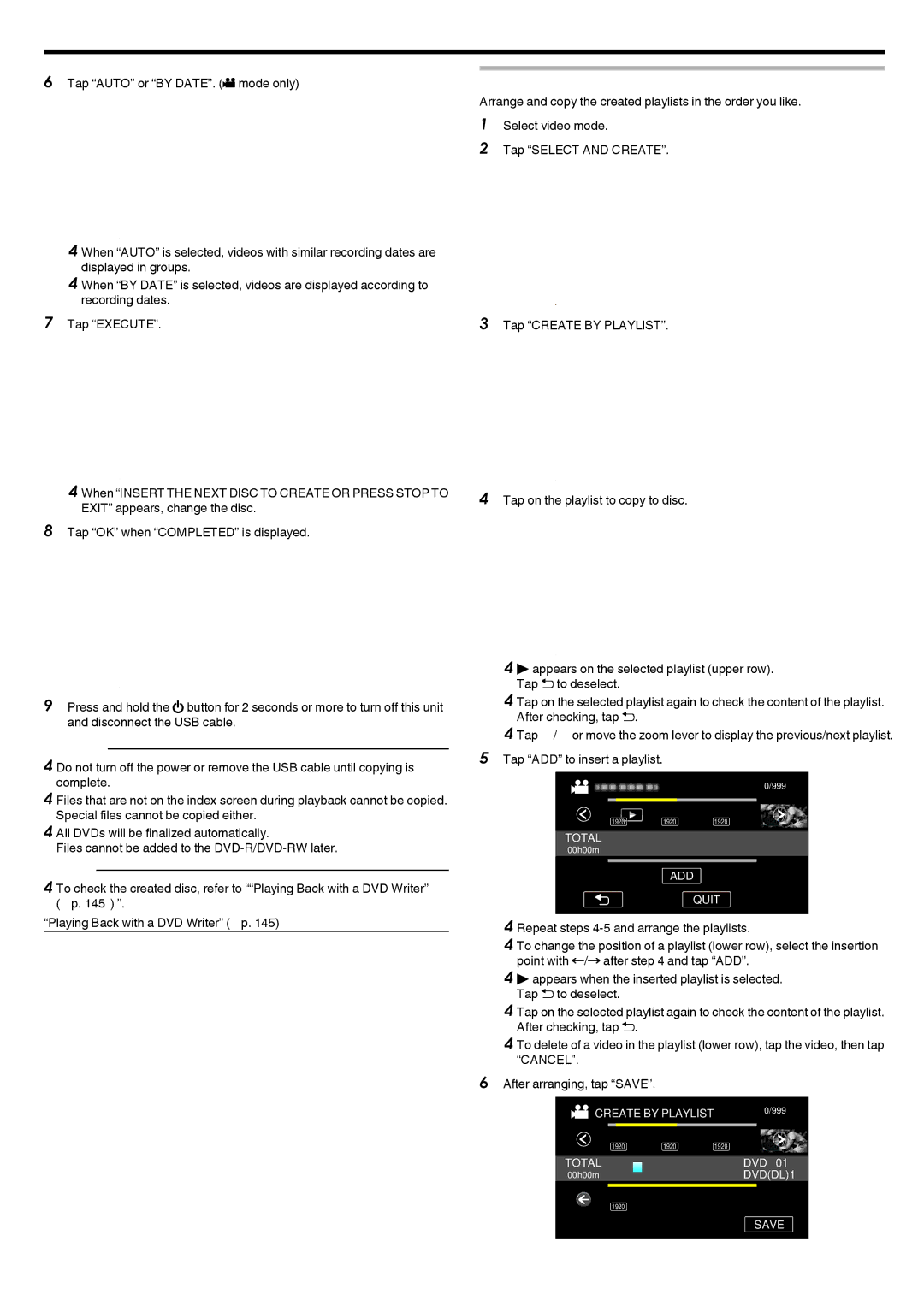 JVC LYT2473-002A manual 143, Copying Selected Playlists, Tap Create by Playlist, Tap on the playlist to copy to disc 