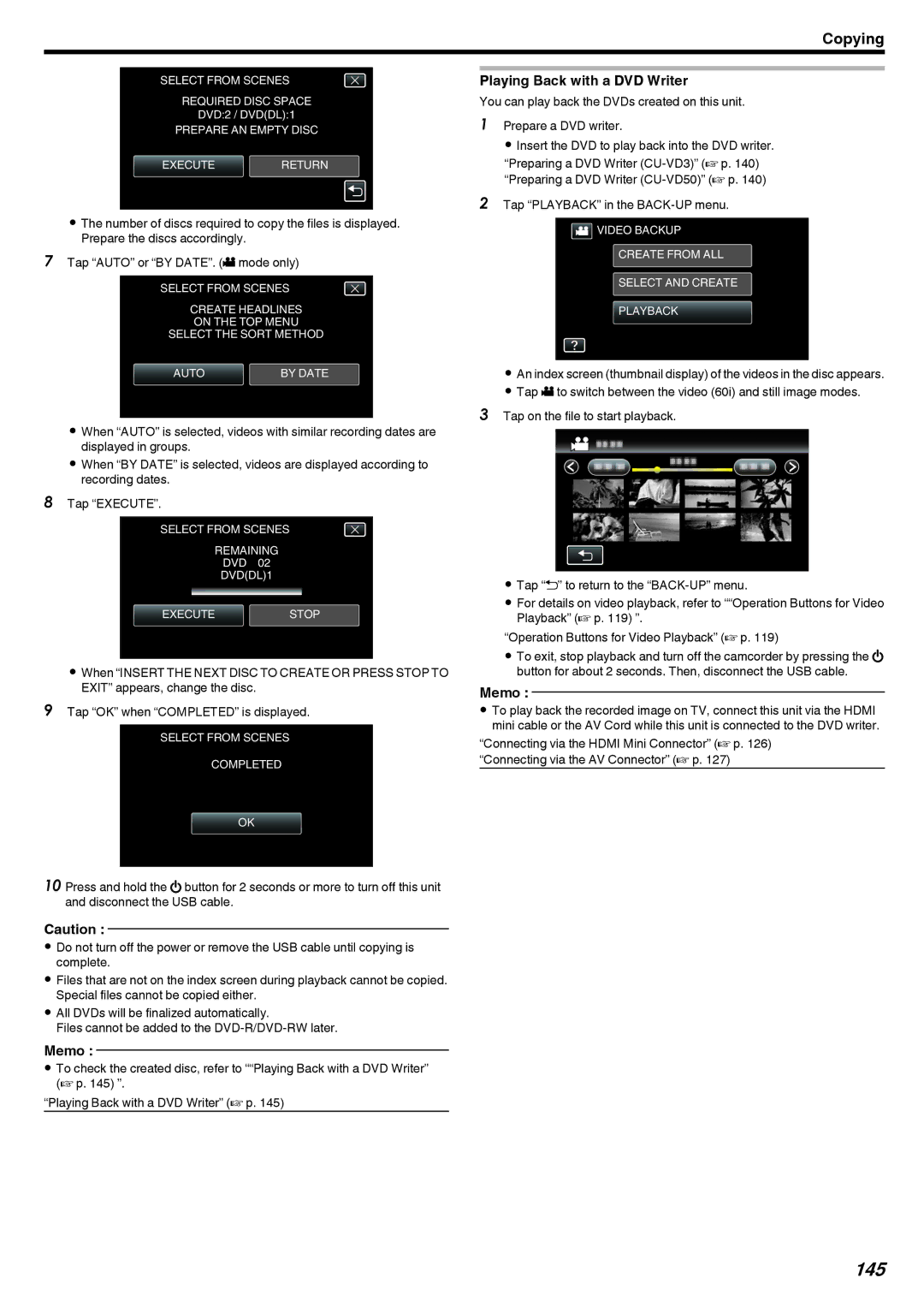 JVC LYT2473-002A manual 145, Playing Back with a DVD Writer, Tap Playback in the BACK-UP menu 