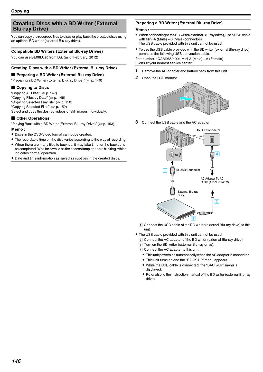 JVC LYT2473-002A manual Creating Discs with a BD Writer External Blu-ray Drive, 146 