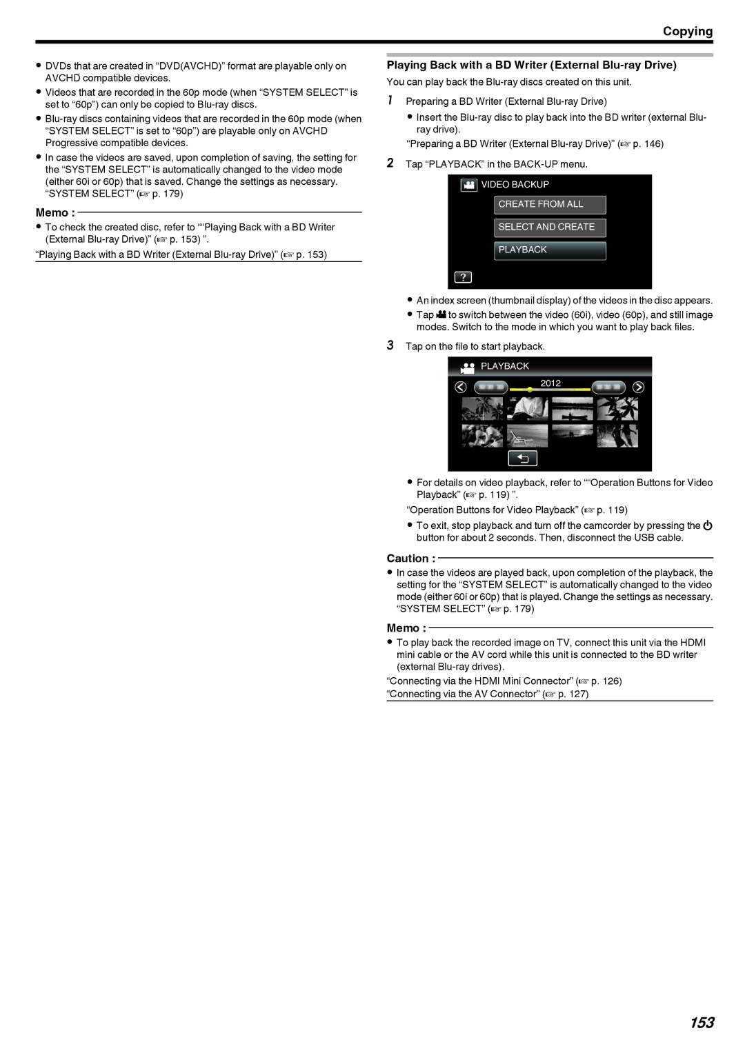 JVC LYT2473-002A manual 153, Playing Back with a BD Writer External Blu-ray Drive 