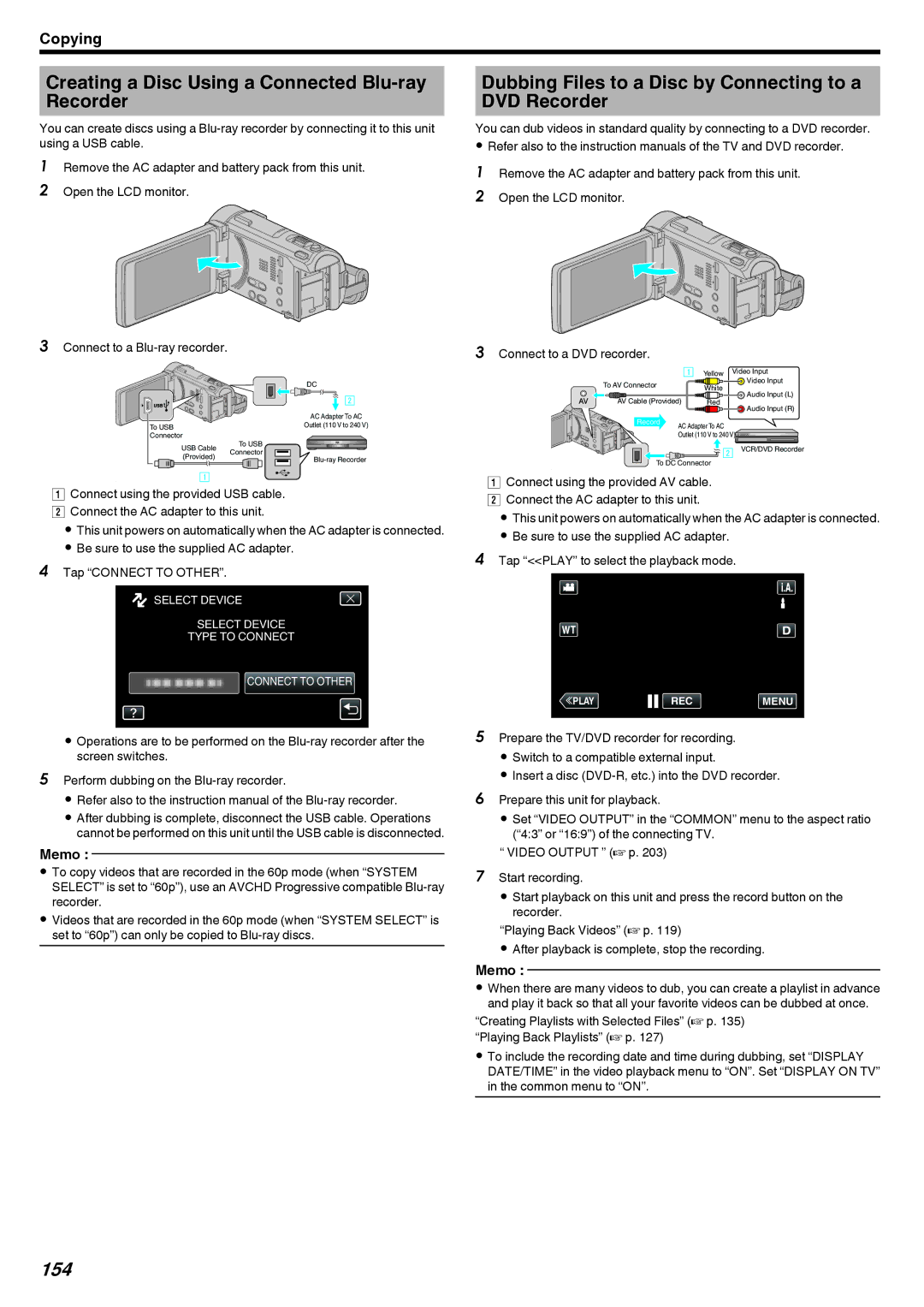 JVC LYT2473-002A manual Creating a Disc Using a Connected Blu-ray Recorder, 154, Connect to a DVD recorder 