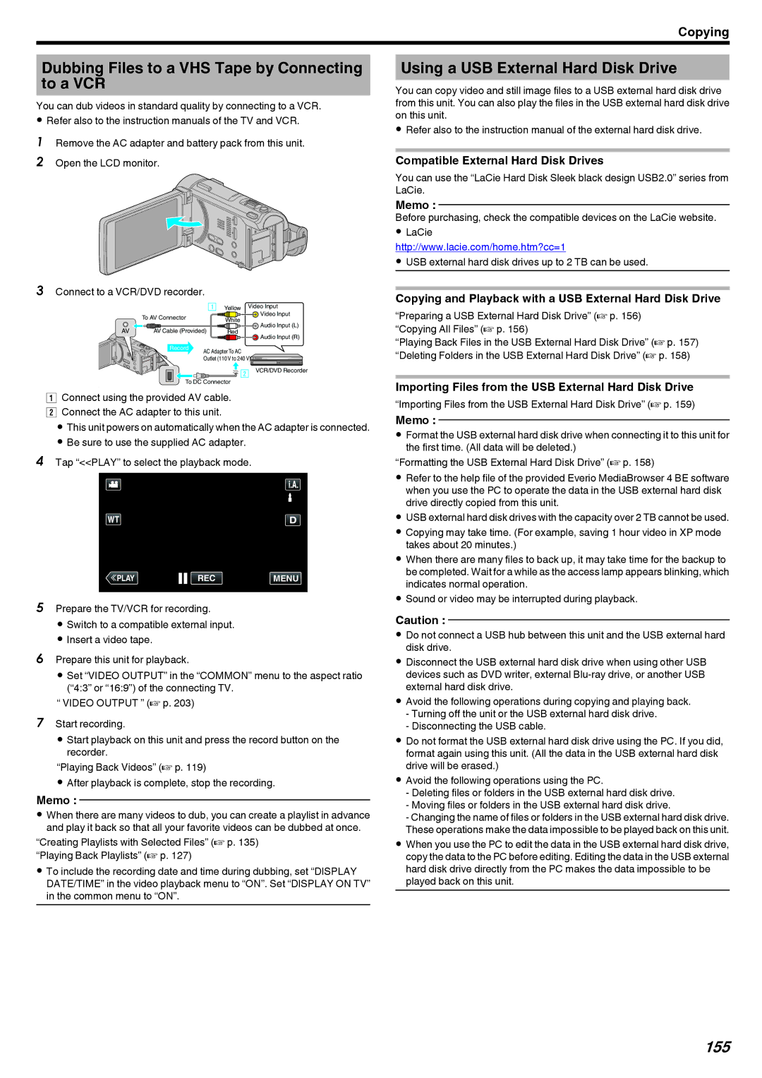 JVC LYT2473-002A manual Dubbing Files to a VHS Tape by Connecting to a VCR, Using a USB External Hard Disk Drive, 155 