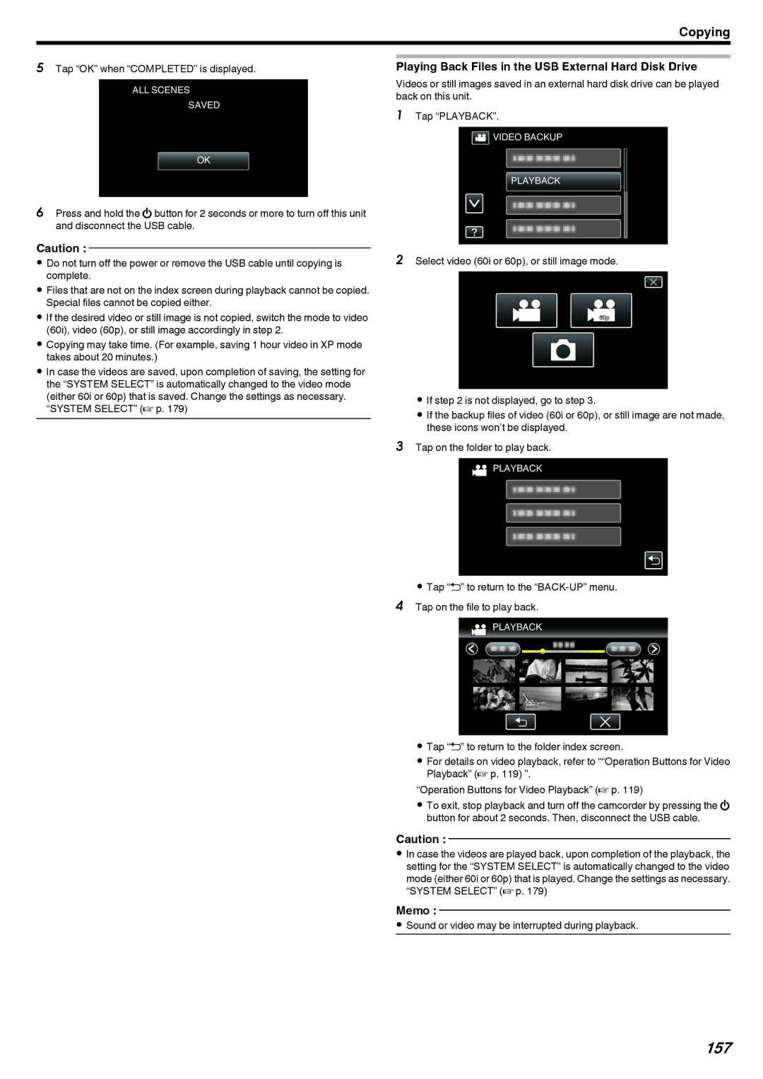 JVC LYT2473-002A 157, Playing Back Files in the USB External Hard Disk Drive, Select video 60i or 60p, or still image mode 